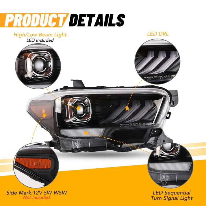 Winjet 2016-2019 Toyota Tacoma/2020-2023 Tacoma SR SR5 TRD Sport DRL Head Lights - Matte Black/ Clear