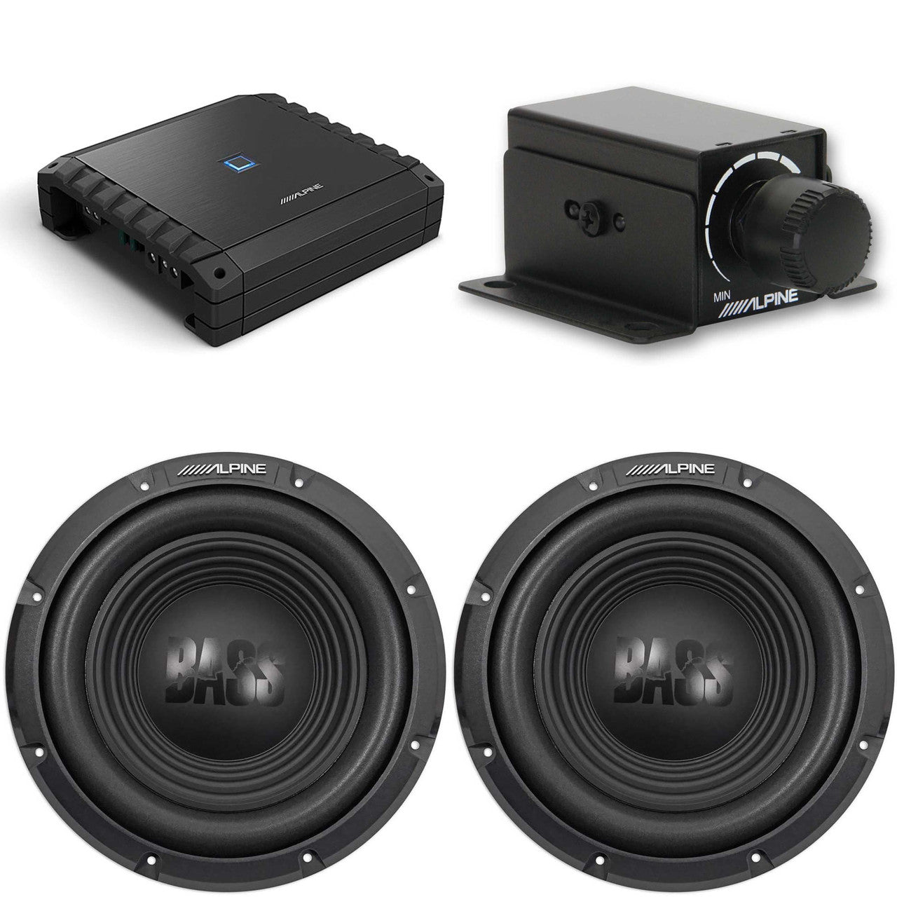 Alpine S2-A60M S-Series Class-D Mono Subwoofer Amp w/ Rux-Knob & (2) W12S4 12-Inch Bass Subwoofer Bundle