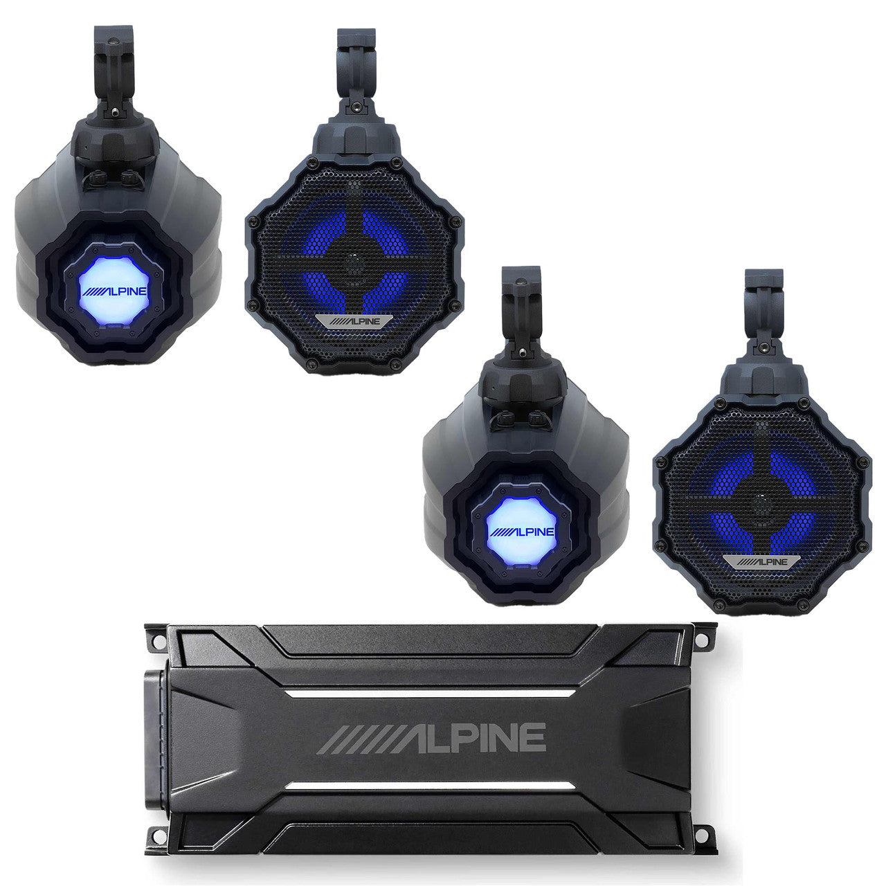 Alpine (2) SPV-65RGB-CAN 6.5” Cage-Mounted Universal Weather-Resistant Coaxial RGB LED Speaker Pods with KTA-30FW Amp