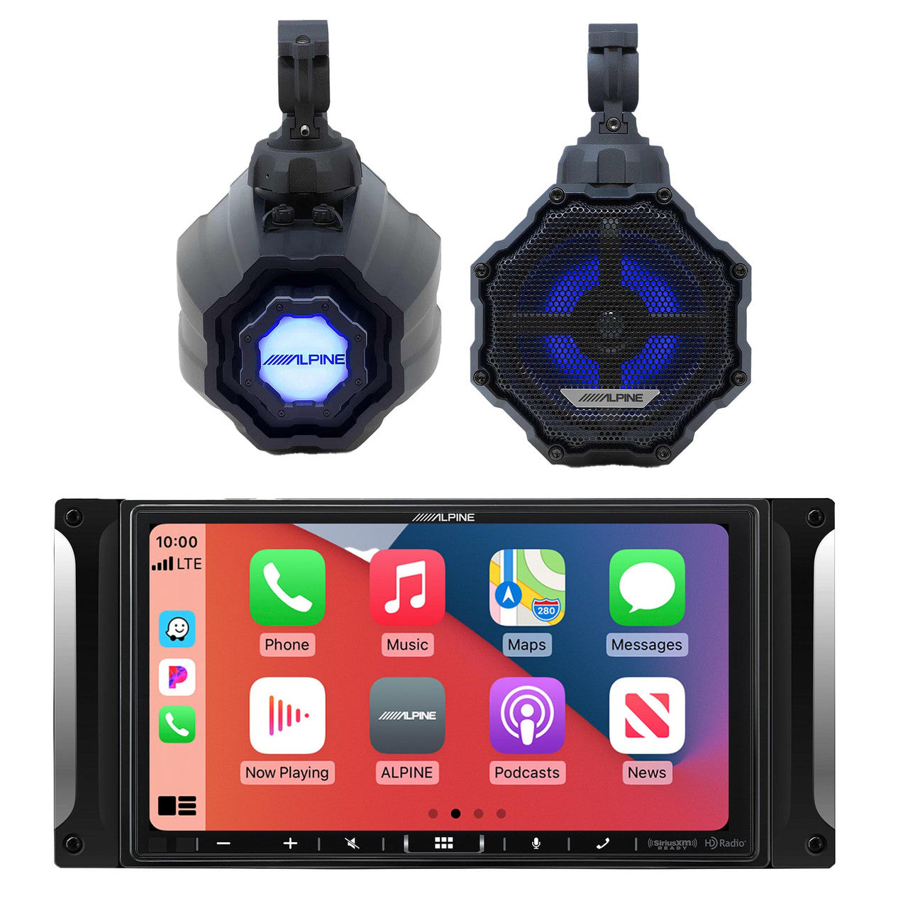 Alpine I407-WRA-JK Receiver w/ SPV-65RGB-CAN 6.5” Cage-Mounted Universal Weather-Resistant Coaxial RGB LED Speaker Pods