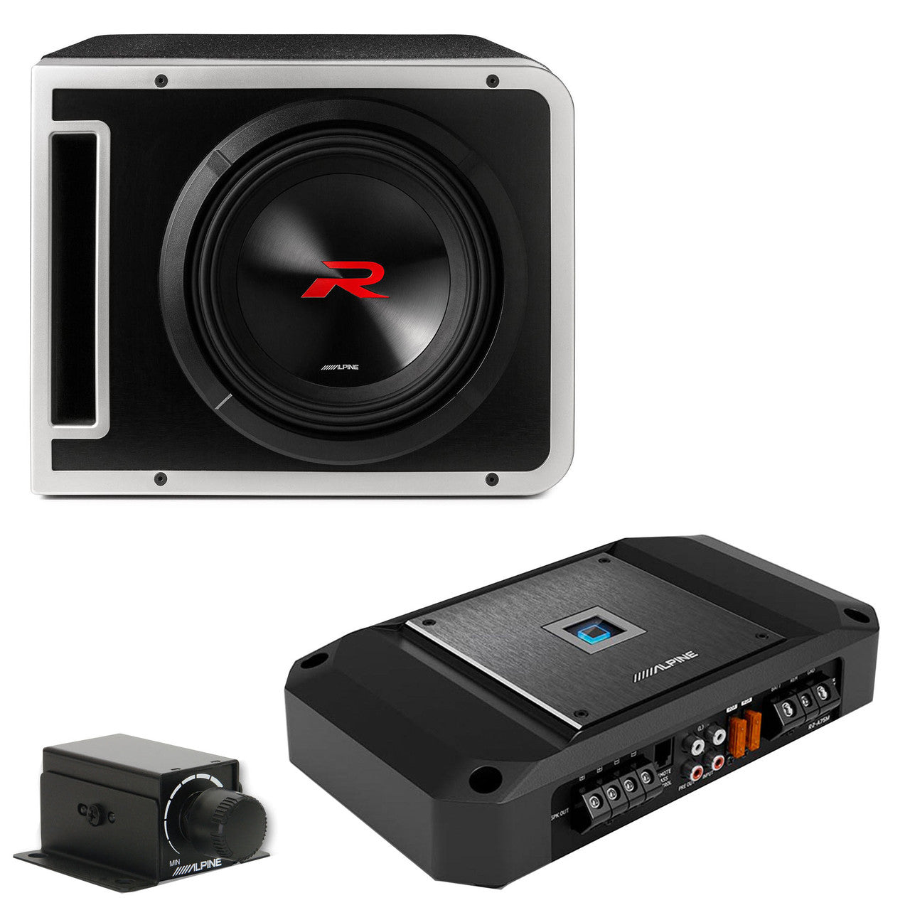 Alpine R2-SB10V 10-inch R-Series Halo Preloaded Sub Enclosure with ProLink™ w/ R2-A75M Amp, Rux Knob Bundle