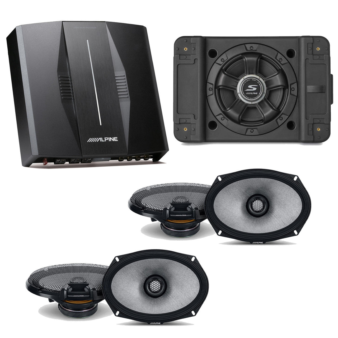 Alpine PXE-C80-88 OPTIM8 8-Channel Hi-Res Digital Sound Processor Amplifier w/ SS-SB10 Subwoofer, (2) R2-S69 Bundle