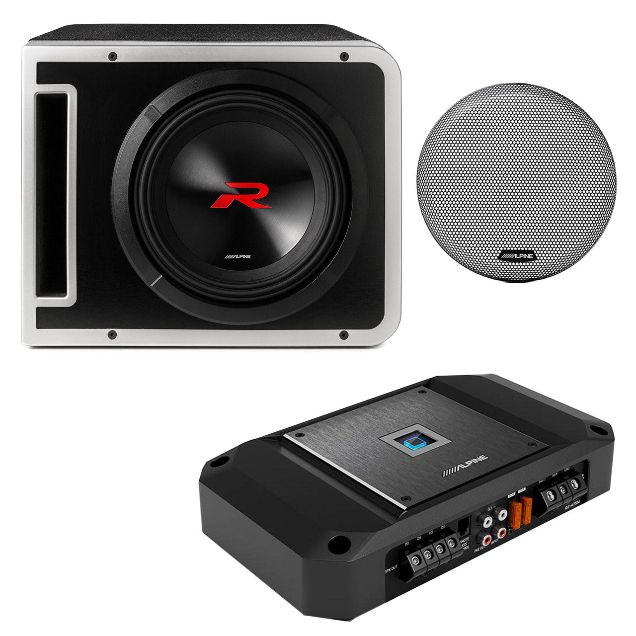 Alpine R2-SB10V 10-inch R-Series Halo Preloaded Subwoofer Enclosure with ProLink™ w/ R2-A75M Amp & Grill Bundle