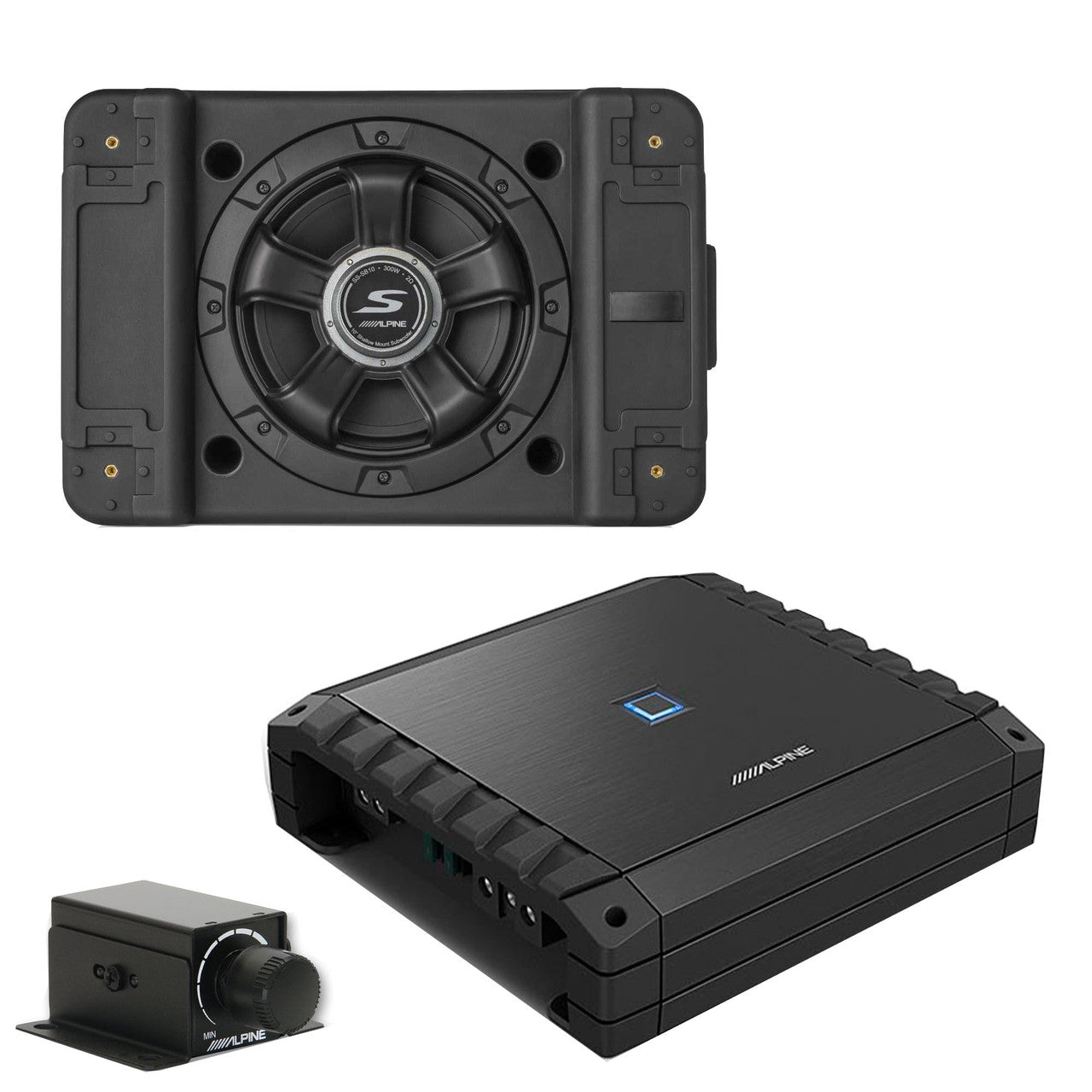 Alpine S2-A60M S-Series Class-D Amp Rux Knob & SS-SB10 Single 10” S-Series Shallow Preloaded Subwoofer Enclosure