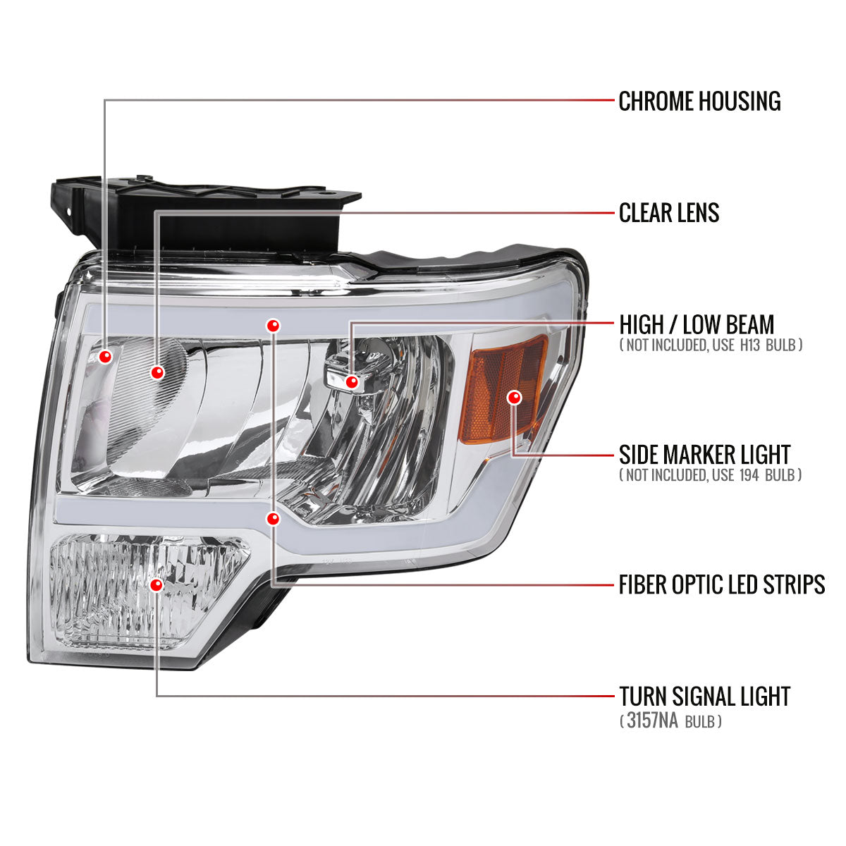 Spec-D 09-14 Ford F-150 LED Tube Headlights OEM Style Chrome