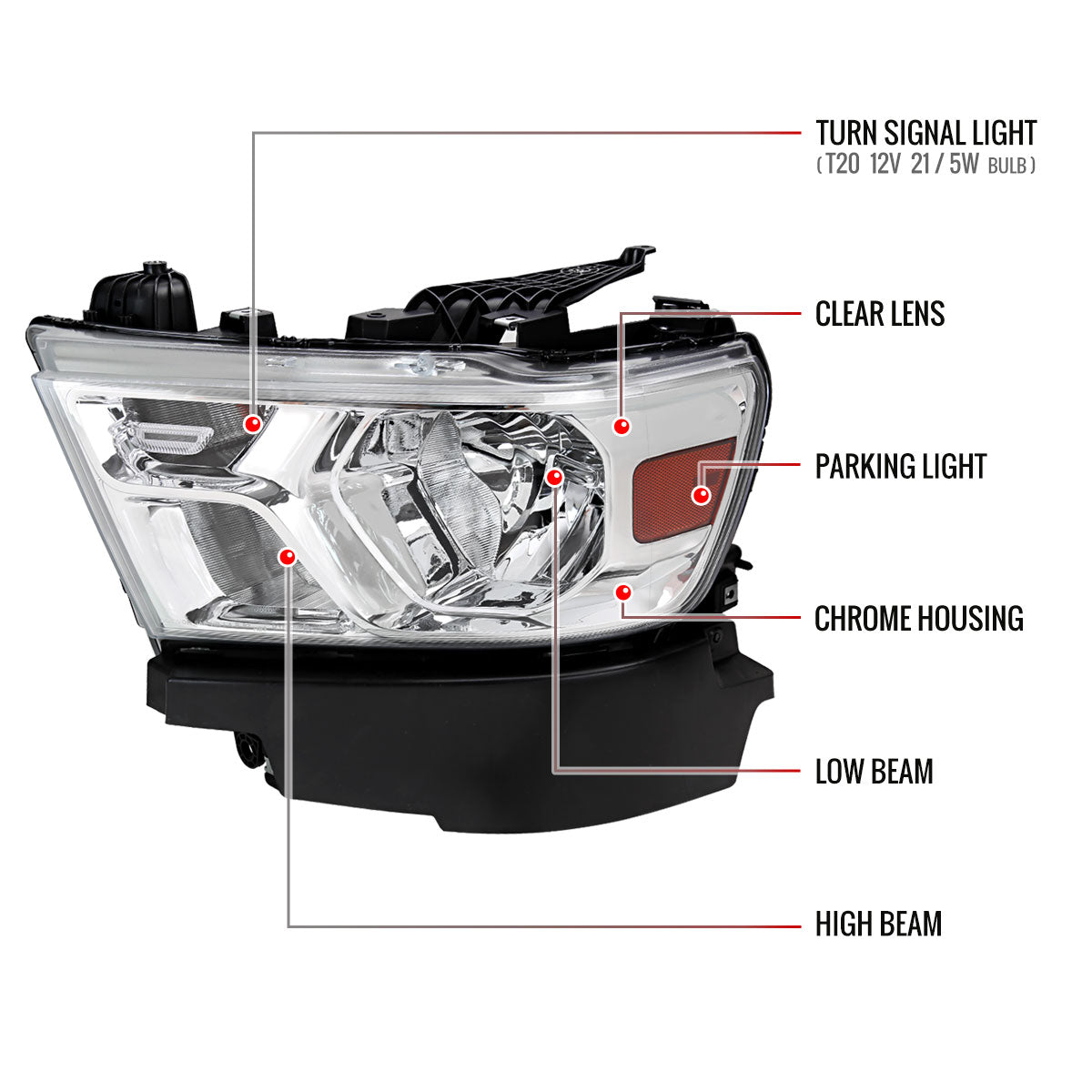 Spec-D 19-24 Ram 1500 Driver Headlight Chrome Replacement