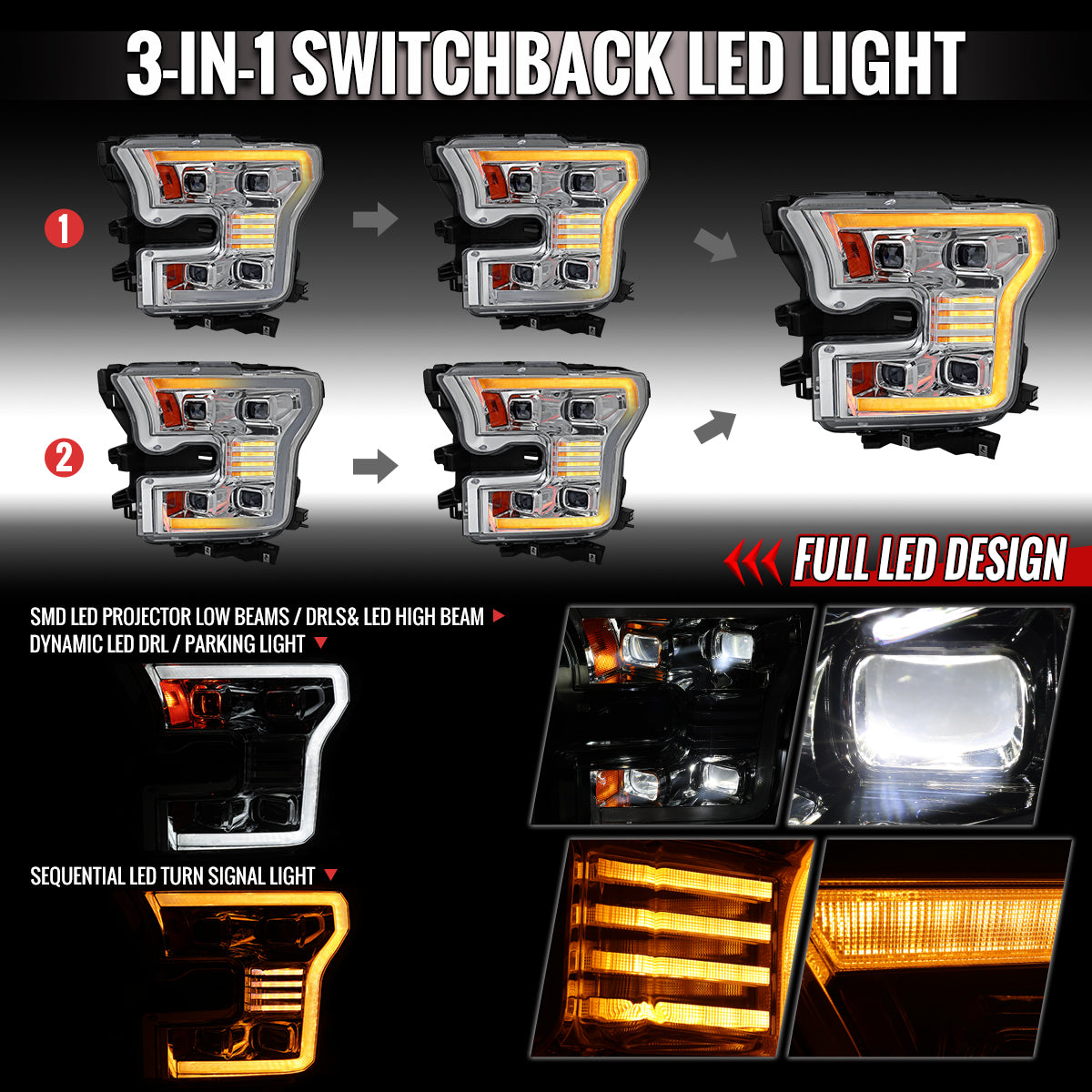 Spec-D 15-17 Ford F-150 Headlights Full LED Switchback Sequential.