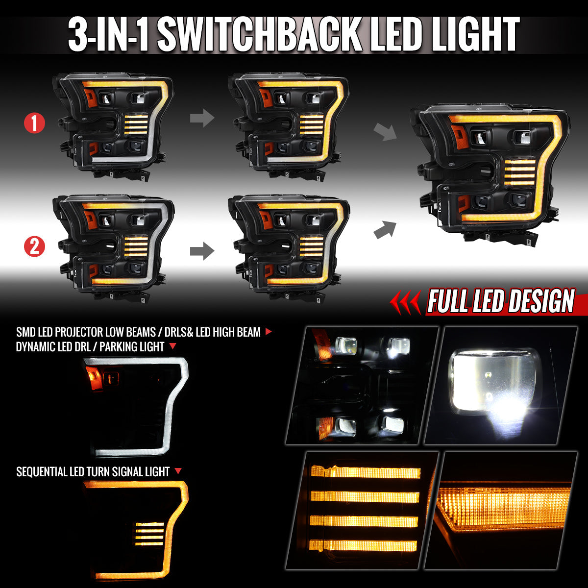 Spec-D 15-17 Ford F-150 Led Light Bar Projector HID Headlight Black