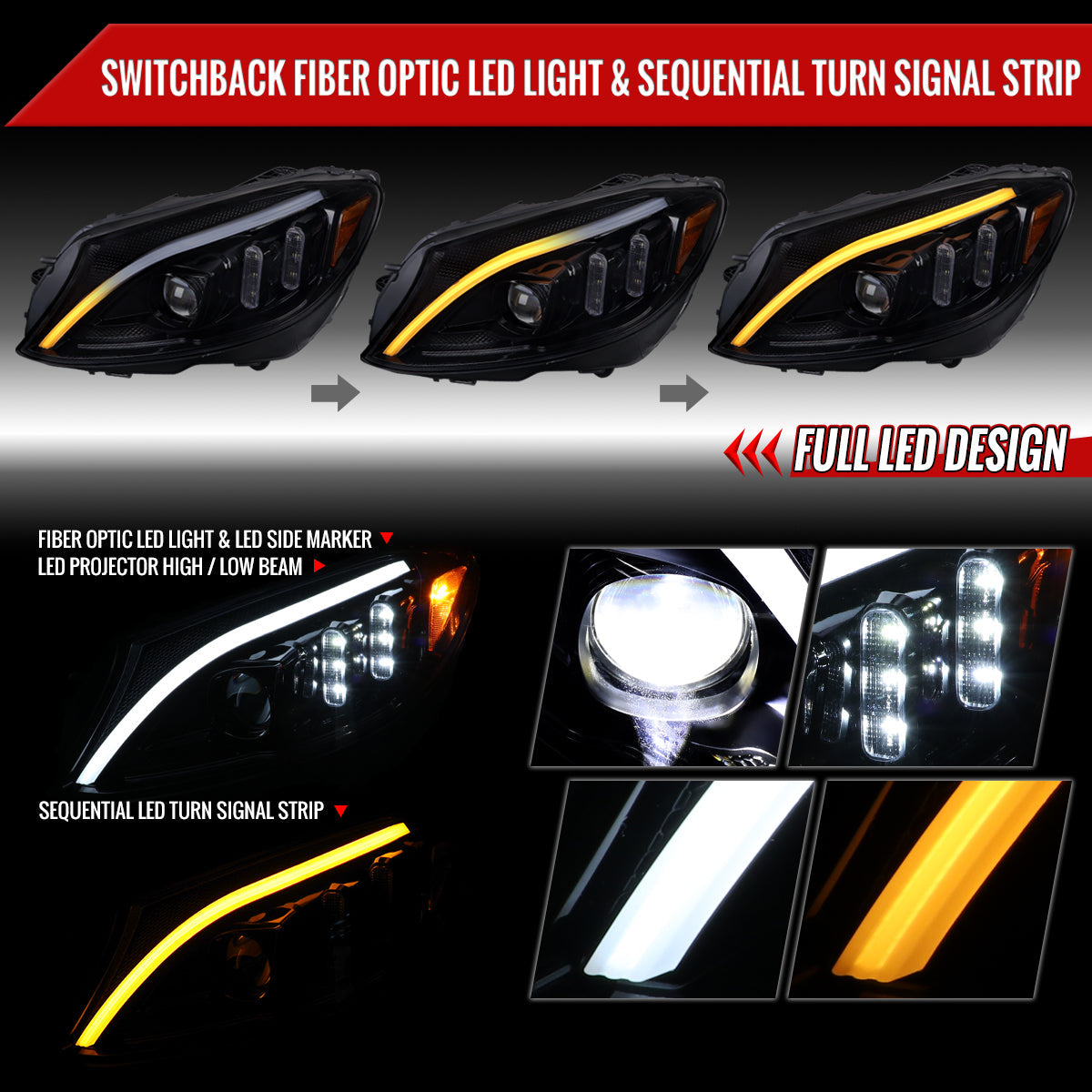 Spec-D 15-18 Mercedes C-Class W205 Headlights SEQ LED Blacl/Smoked