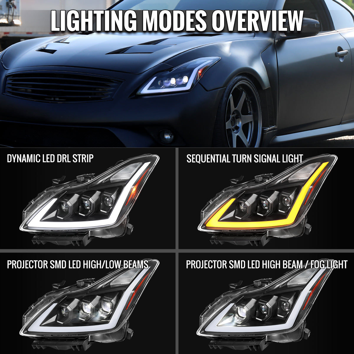 Spec-D 08-13 G37 14-15 Q60 2DR Headlights Triple Projector Black/Clear