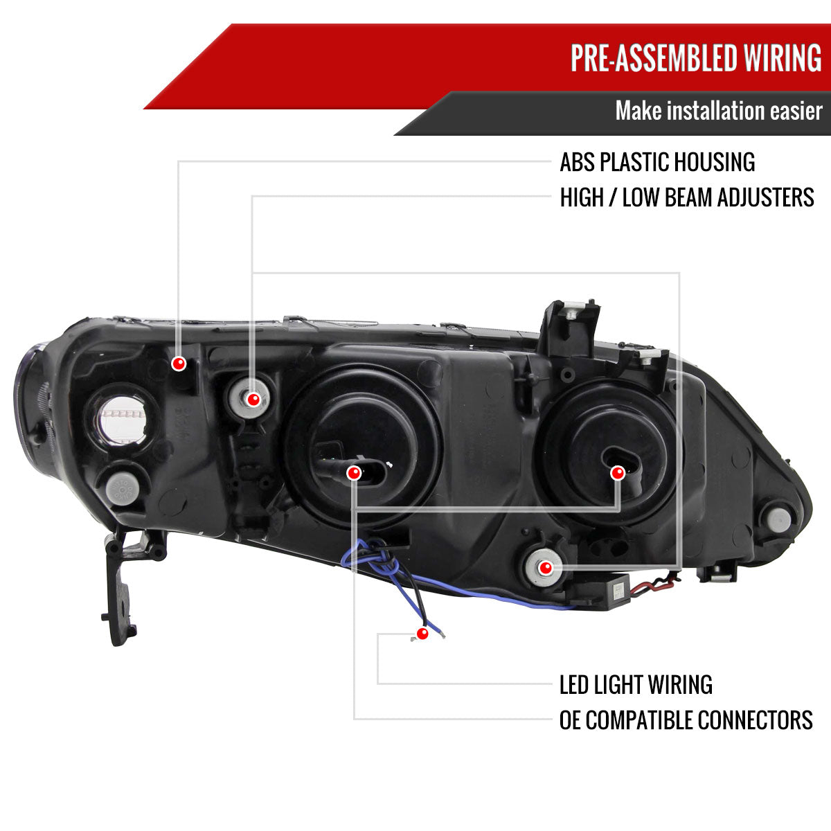 Spec-D 06-11 Honda Civic Sedan Headlights R8 LED Strip Black