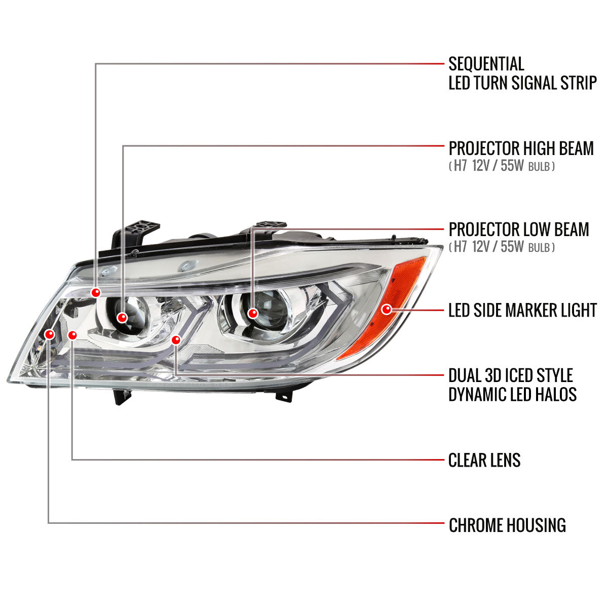 Spec-D 06-11 BMW E90 3-Series 4DR LED Projector Headlights Chrome
