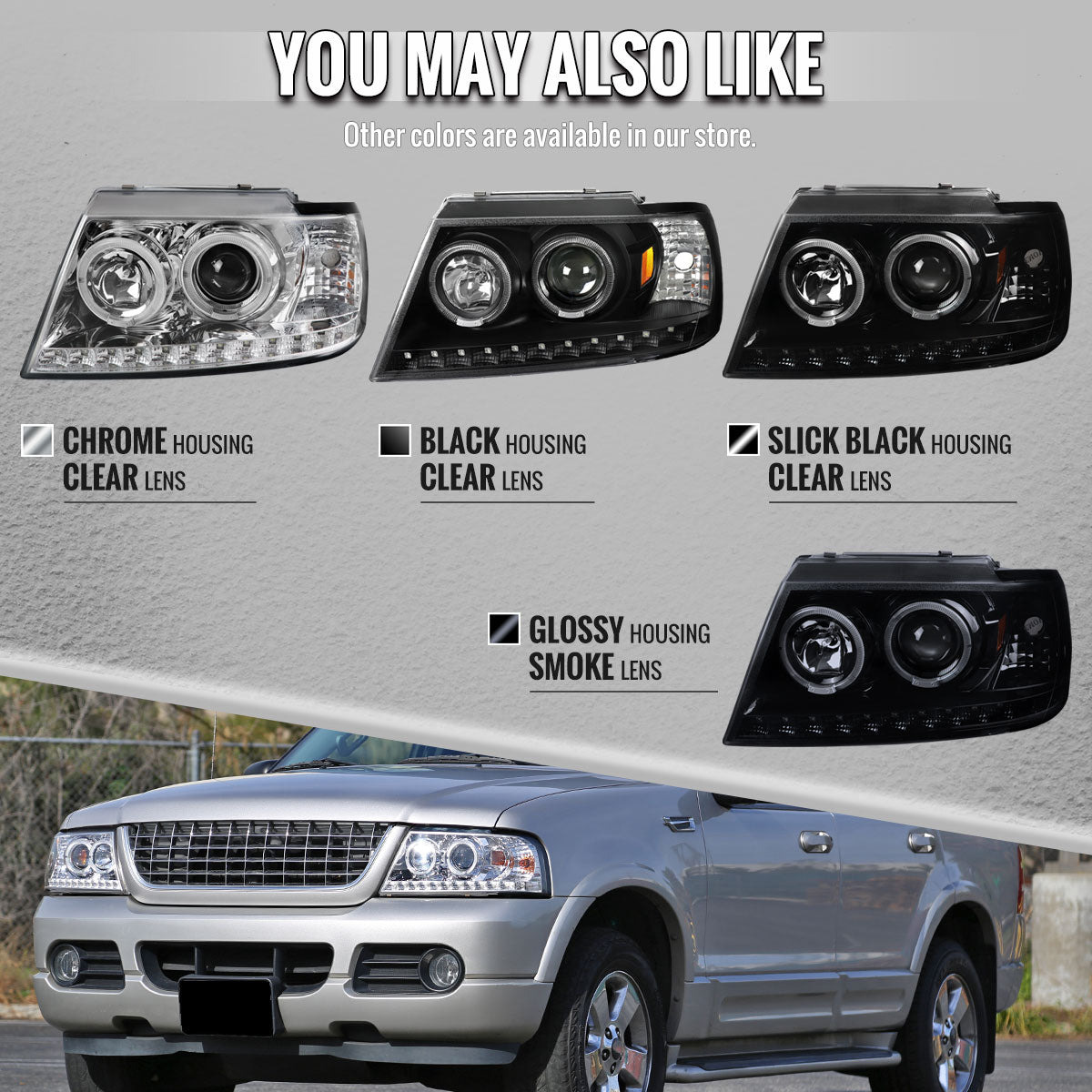 Spec-D 02-05 Ford Explorer Dual Halo Projector Headlights Strip Black