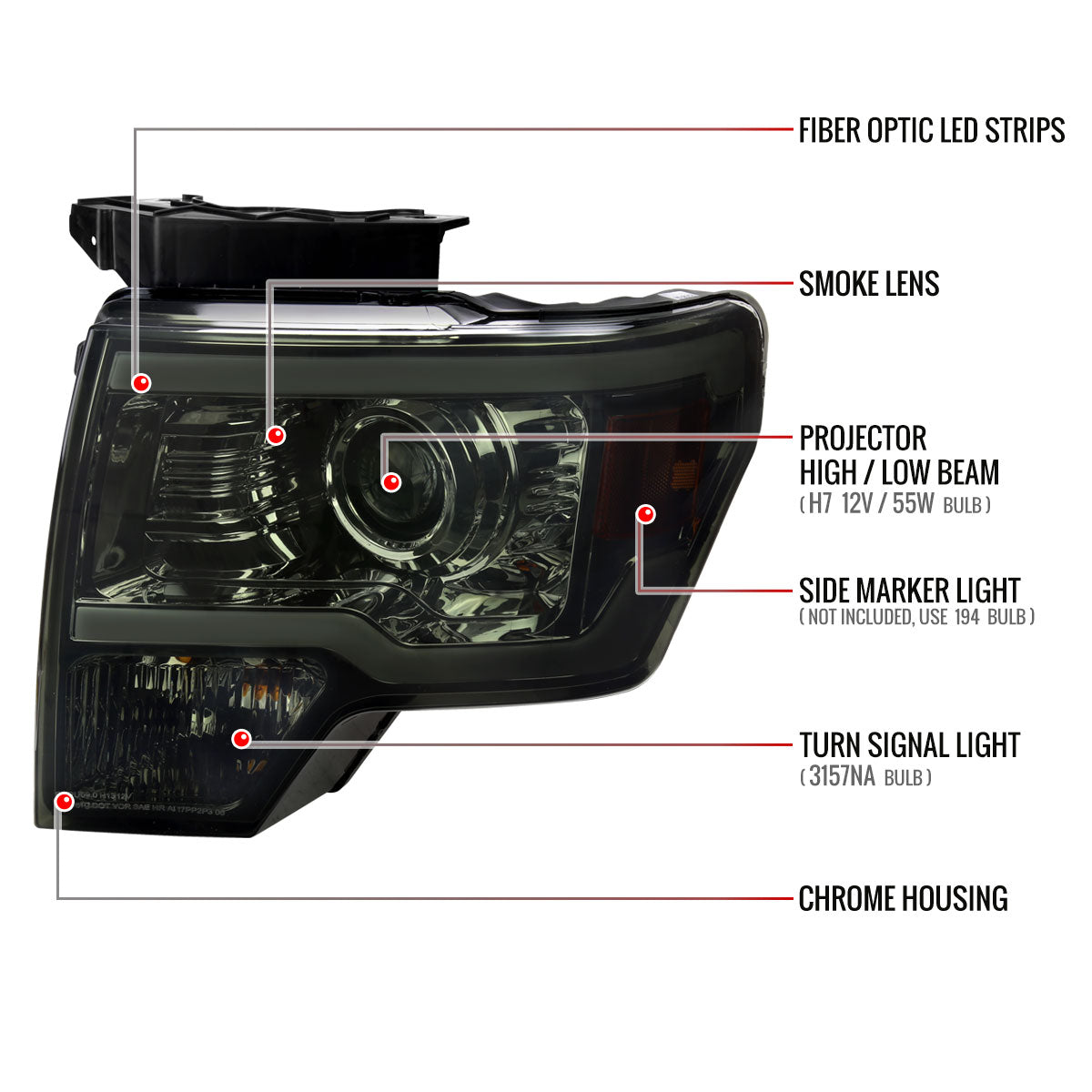 Spec-D 09-14 Ford F-150 LED Strip Projector Headlights Chrome/Smoked