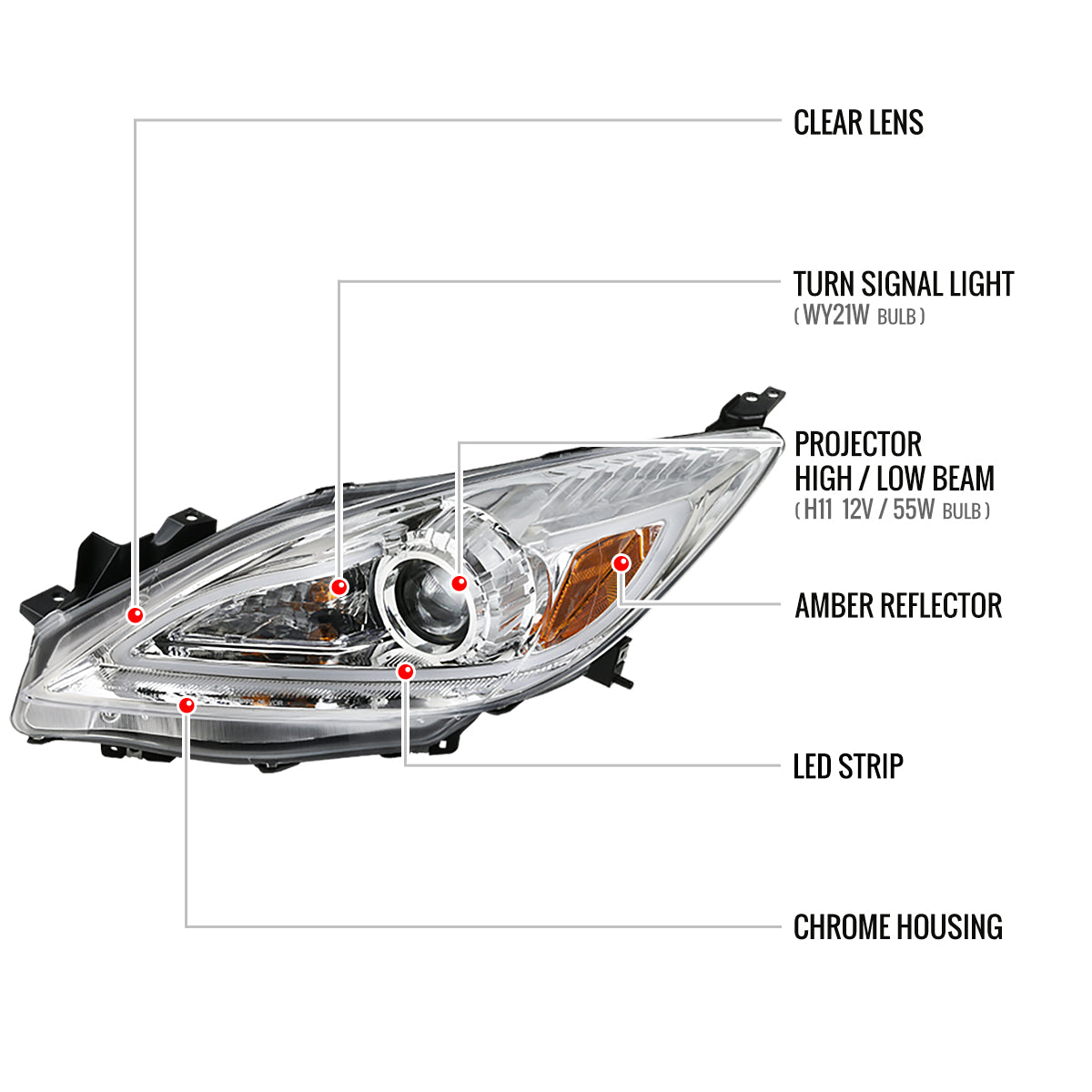 Spec-D 10-13 Mazda 3 Projector Headlights LED Strip Chrome MZ310