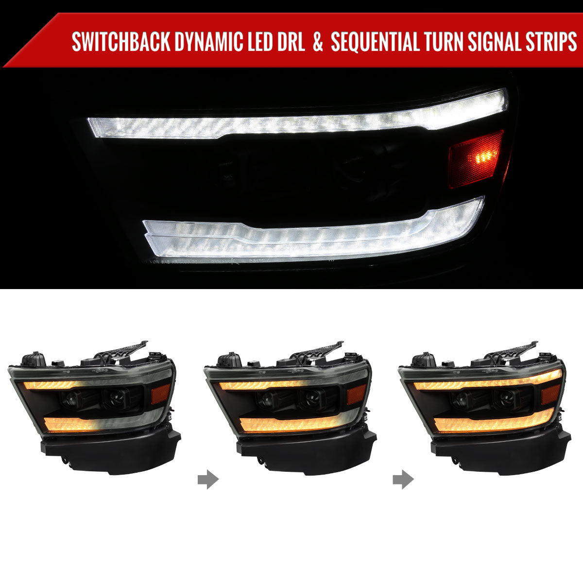 Spec-D 19-24 Ram 1500 SEQ LED Projector Headlights Black Smoked Lens