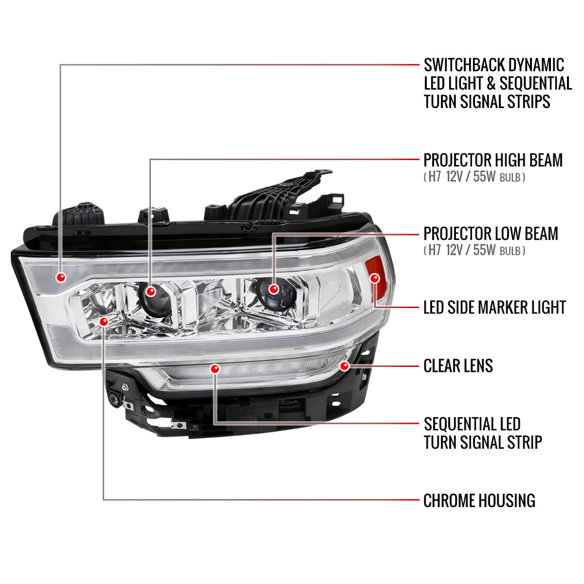 Spec-D 19-24 Ram 2500 3500 4500 5500 SEQ Projector Headlights Chrome