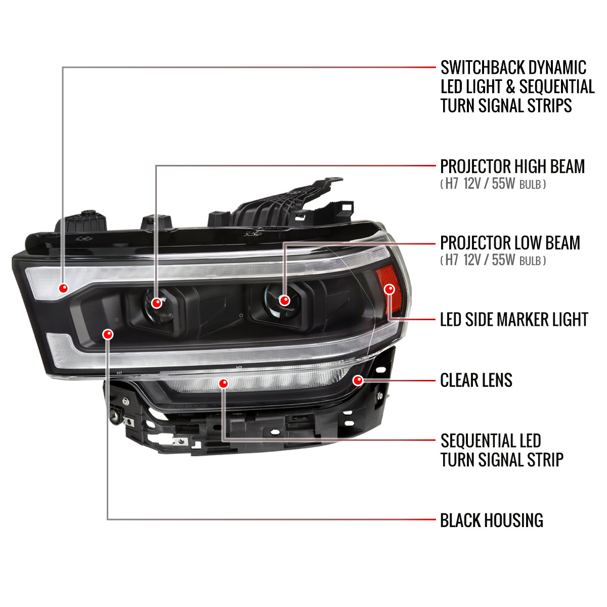 Spec-D 19-24 Ram 2500-5500 Headlights Switchback SEQ Matte Black