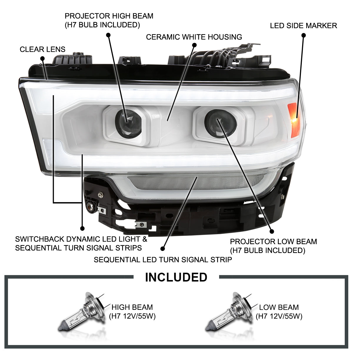 Spec-D 19-24 Ram 2500 3500 4500 5500 Sequential Headlights White/Clear