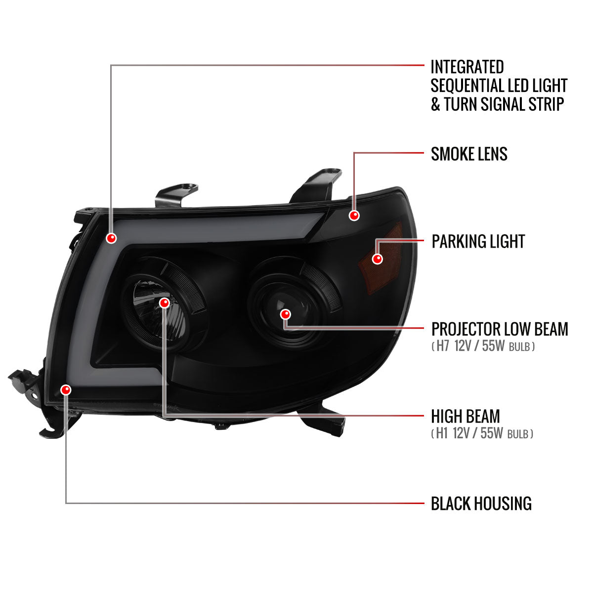 Spec-D 05-11 Tacoma LED Bar Projector Headlights SEQ Lights Blk Smoked