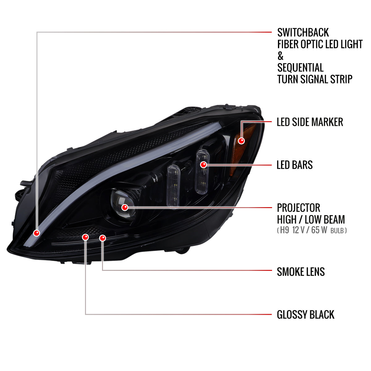 Spec-D 15-18 Mercedes C-Class W205 Sequential Headlights Black Smoked