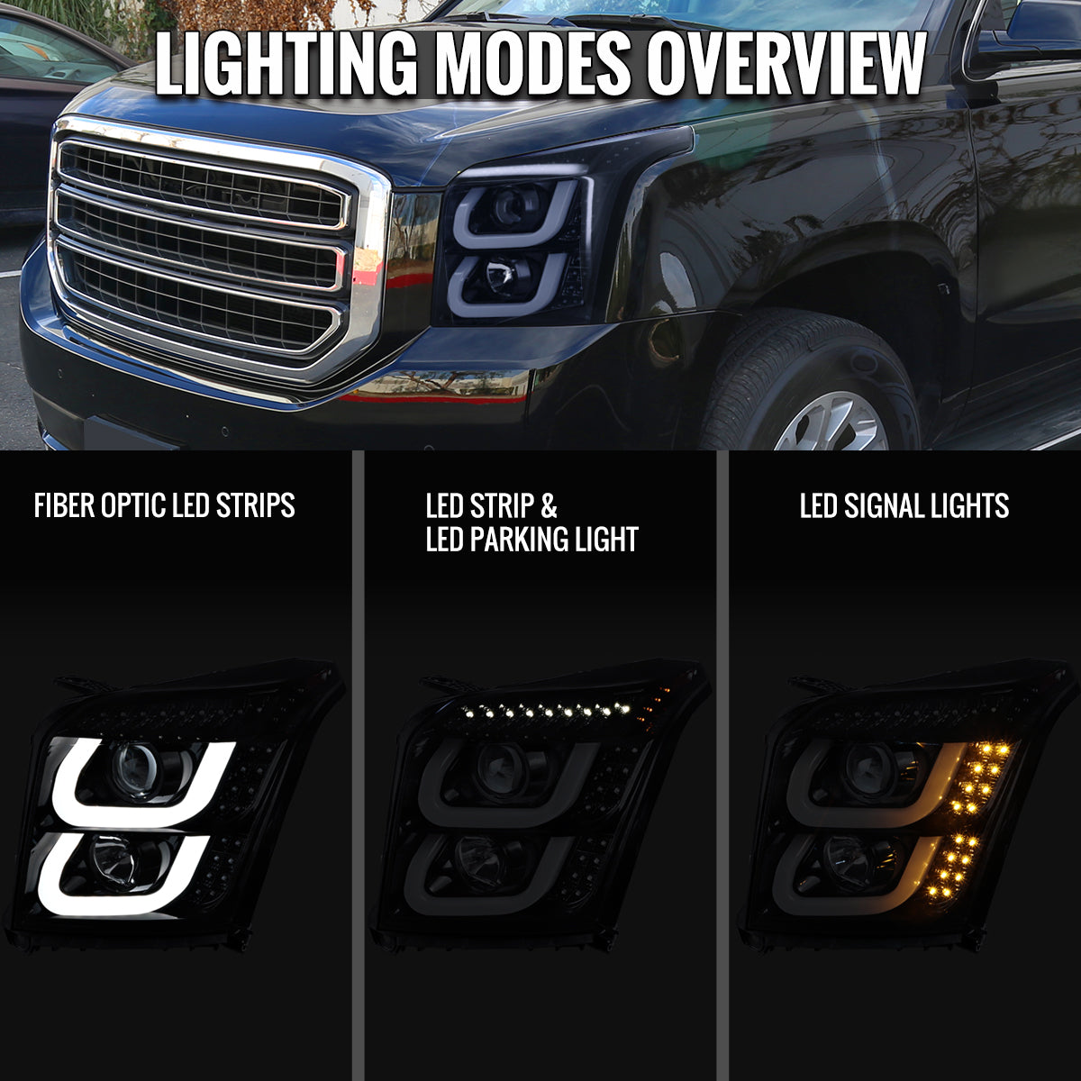 Spec-D 15-20 GMC Yukon/Yukon XL U-Bar Headlights Glossy Black/Smoked