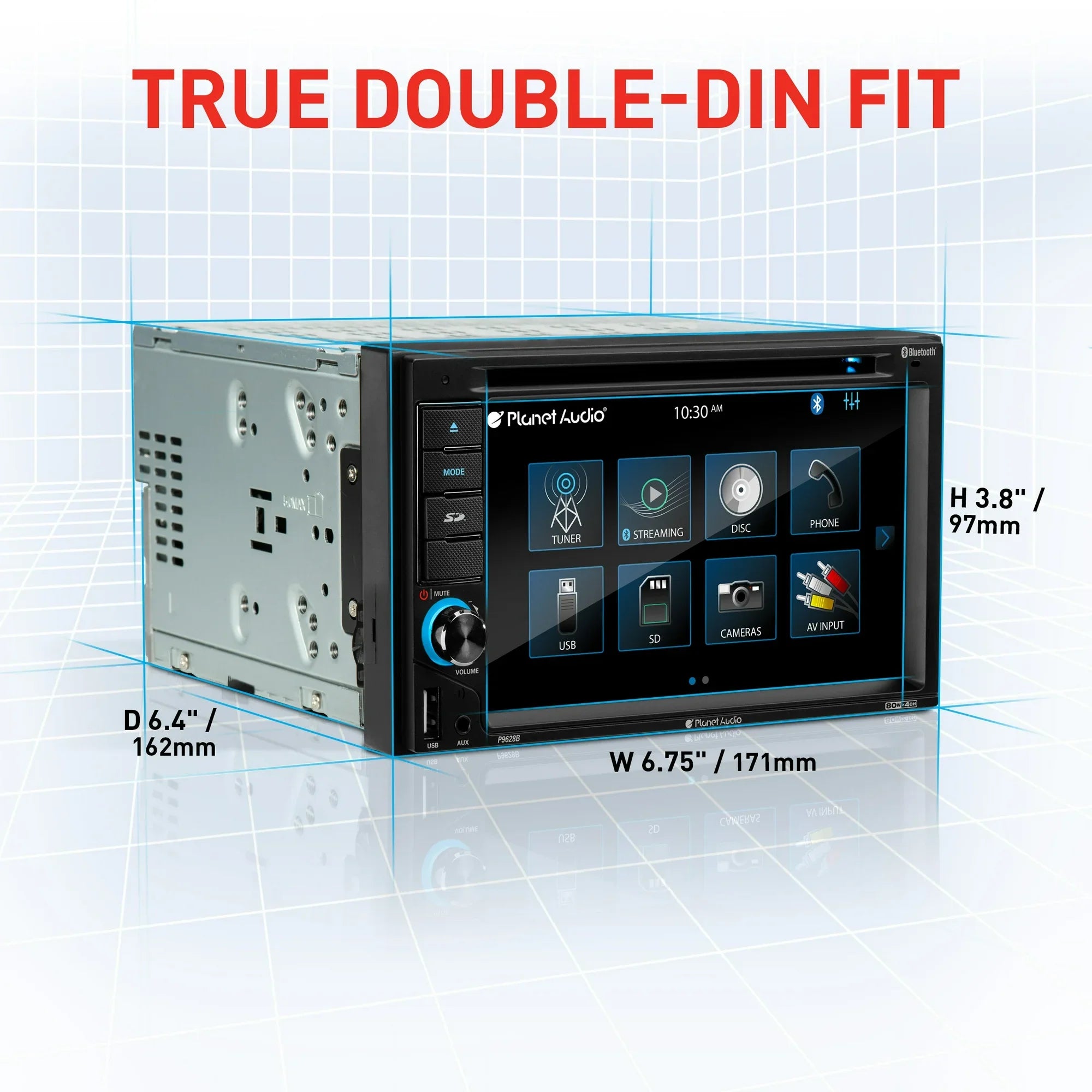 Planet Audio P9628B 6.2” Touchscreen Car DVD Player, Bluetooth, DVD USB SD AM/FM