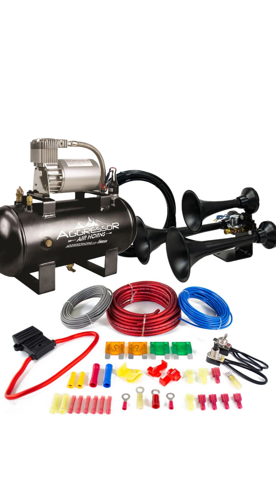 AGGRESSOR OMG TRAIN HORN Combo! (AH-300BLK Black 3 Trumpet Horn & AC-1.5MP 1.5 Gallon Compressor)