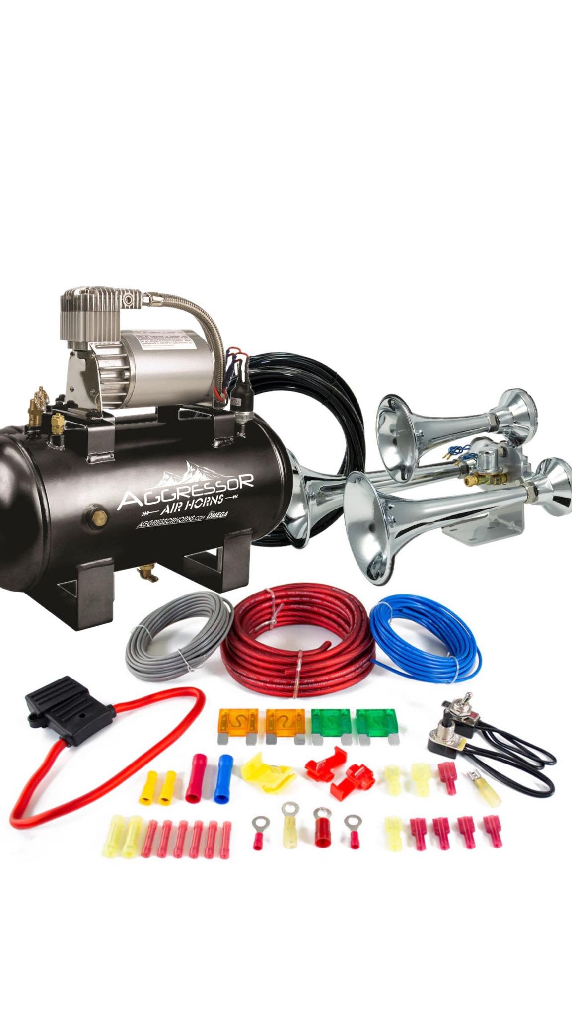 AGGRESSOR OMG TRAIN HORN Combo! (AH-300BLK Black 3 Trumpet Horn & AC-1.5MP 1.5 Gallon Compressor)