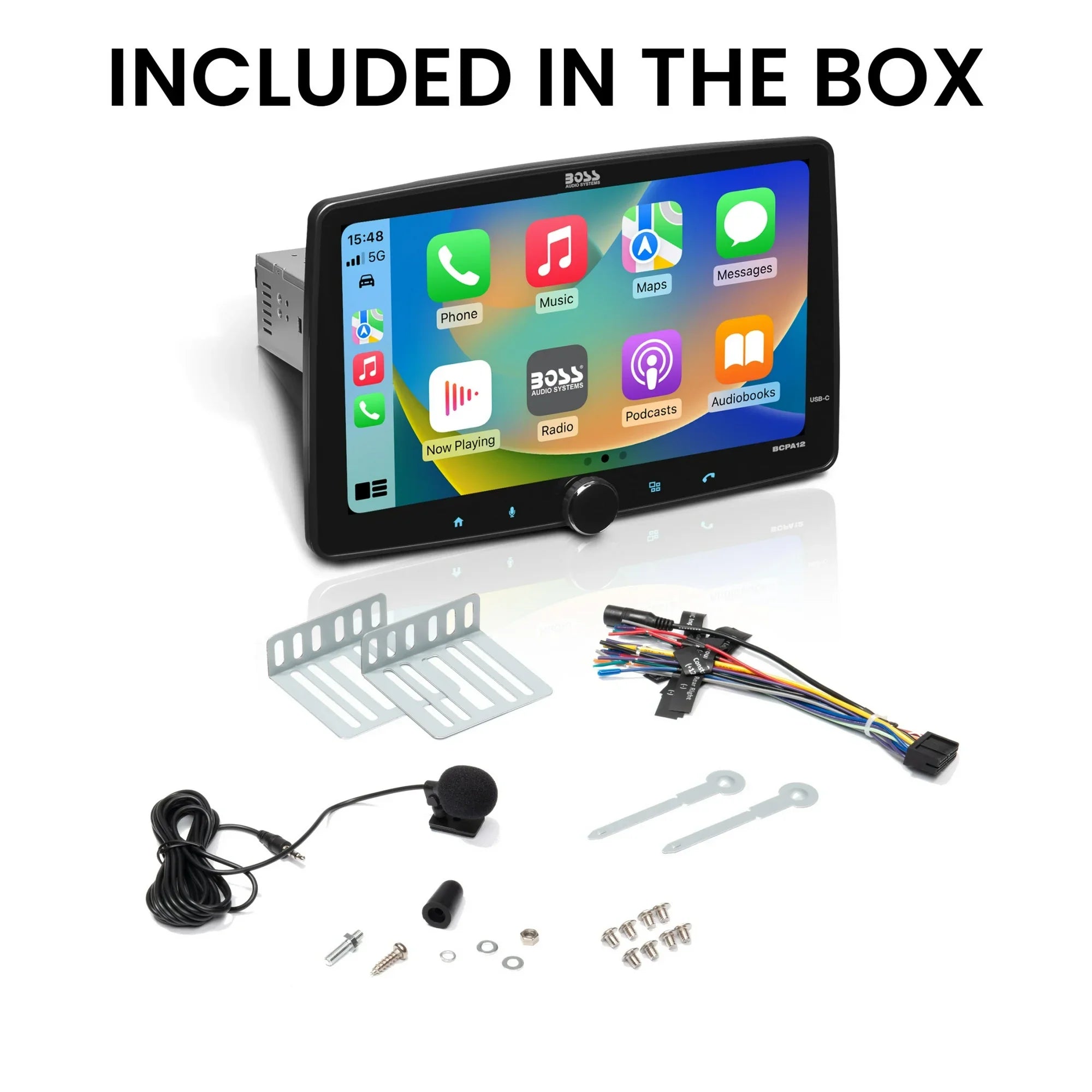 BOSS Audio Systems BCPA12 Car Stereo - Apple CarPlay, Android Auto, Single Din, 12 Inch Touchscreen, Bluetooth, No DVD CD Player, AM/FM Radio Receiver, Multicolor Illumination