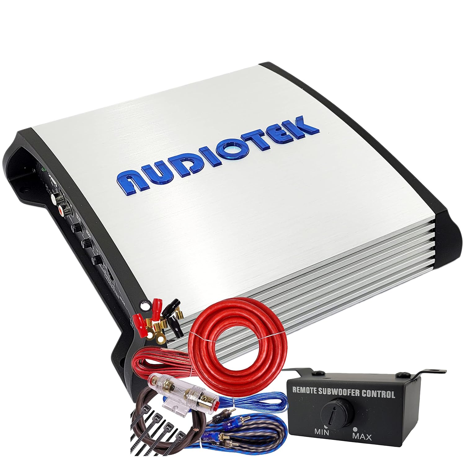AUDIOTEK AT1800S 2-Channel Class AB Car Amplifier, 1800 Watts, 2 Ohm Stable, Bridgeable Full-Range Stereo, Bass Knob, LED Indicators, 4 Gauge Red Amp Kit Bundle