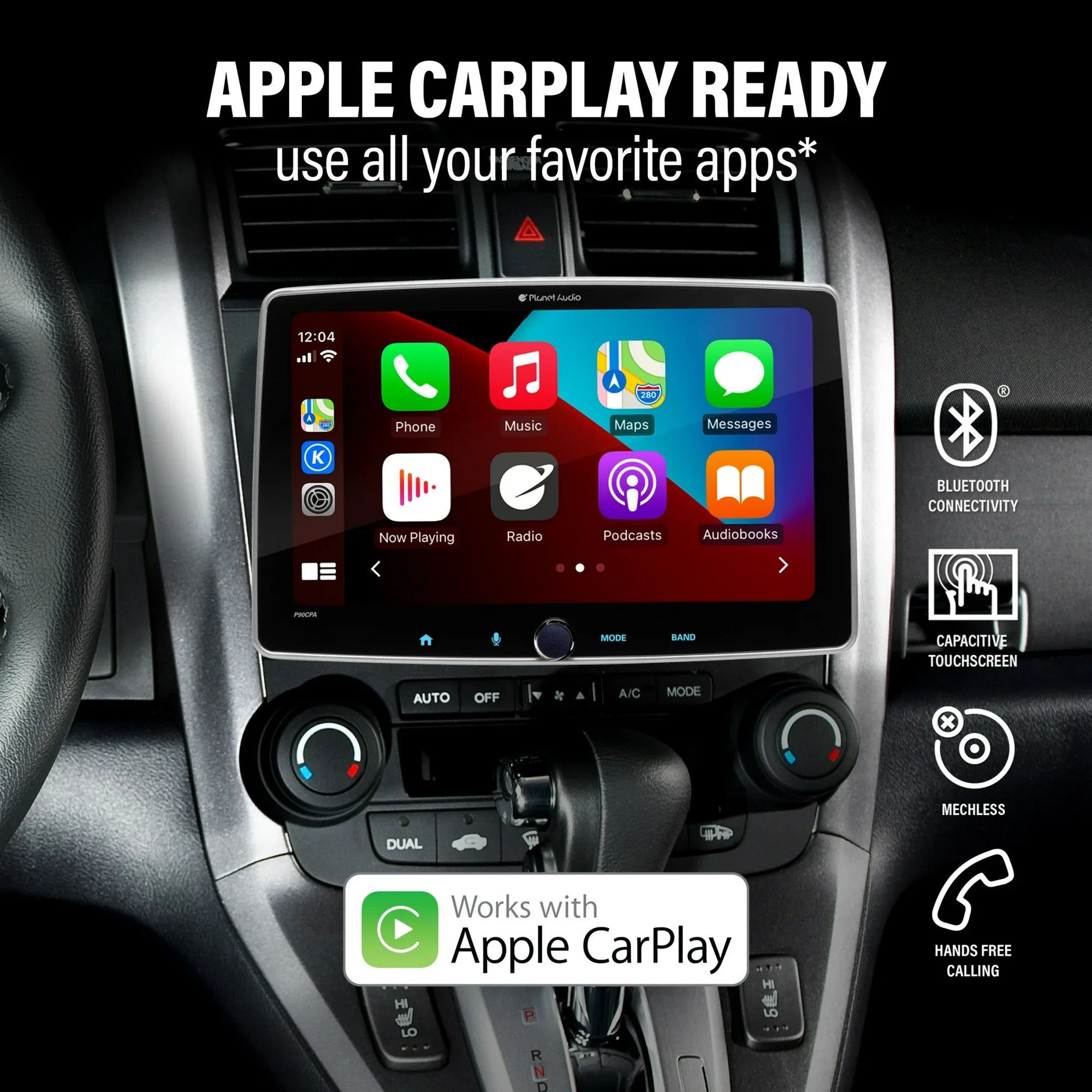 Planet Audio P90CPA Car Stereo - Apple CarPlay, Android Auto, Single Din, 9 Inch Capacitive Touchscreen, Bluetooth, No CD DVD Player, AM/FM Radio Receiver