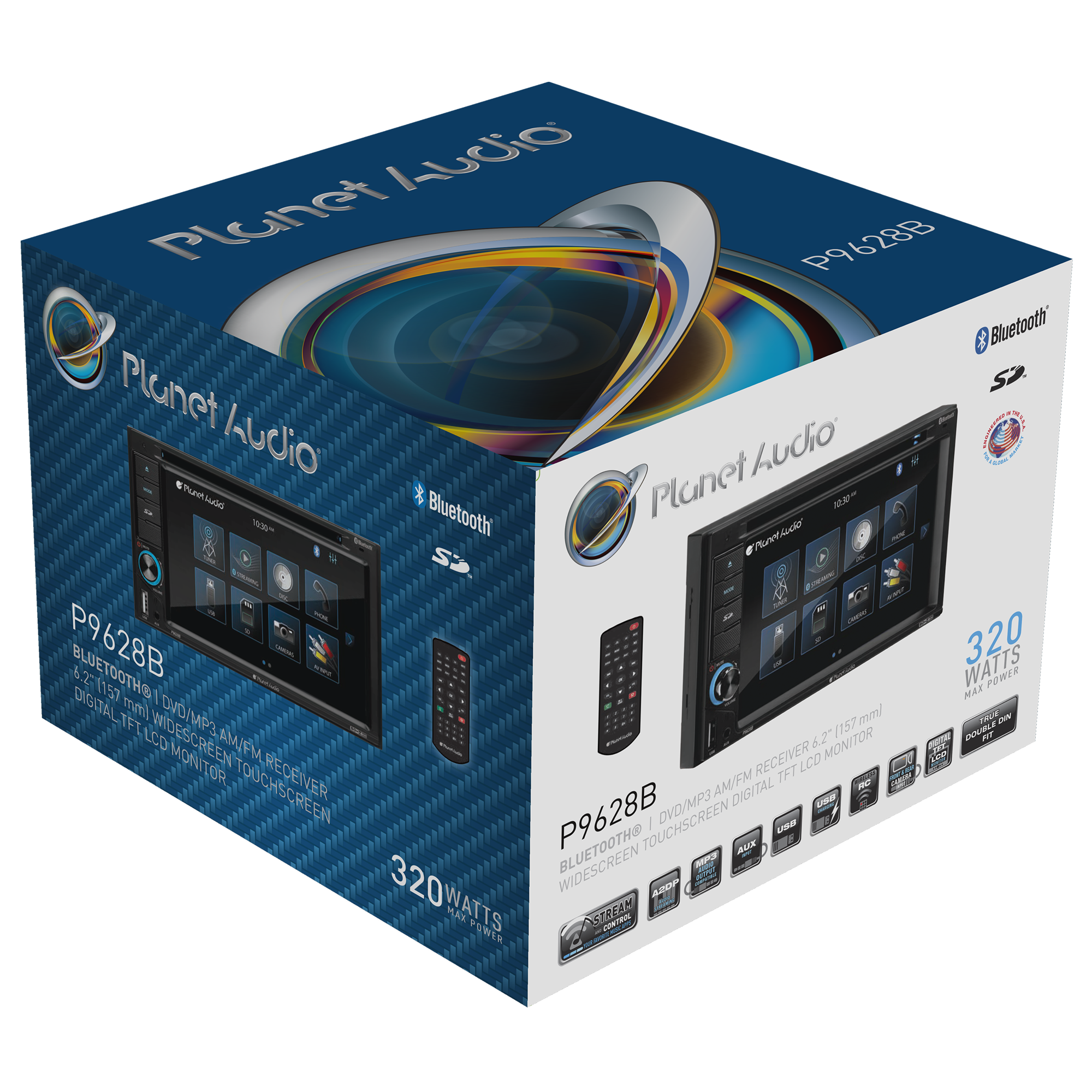 Planet Audio P9628B 6.2” Touchscreen Car DVD Player, Bluetooth, DVD USB SD AM/FM