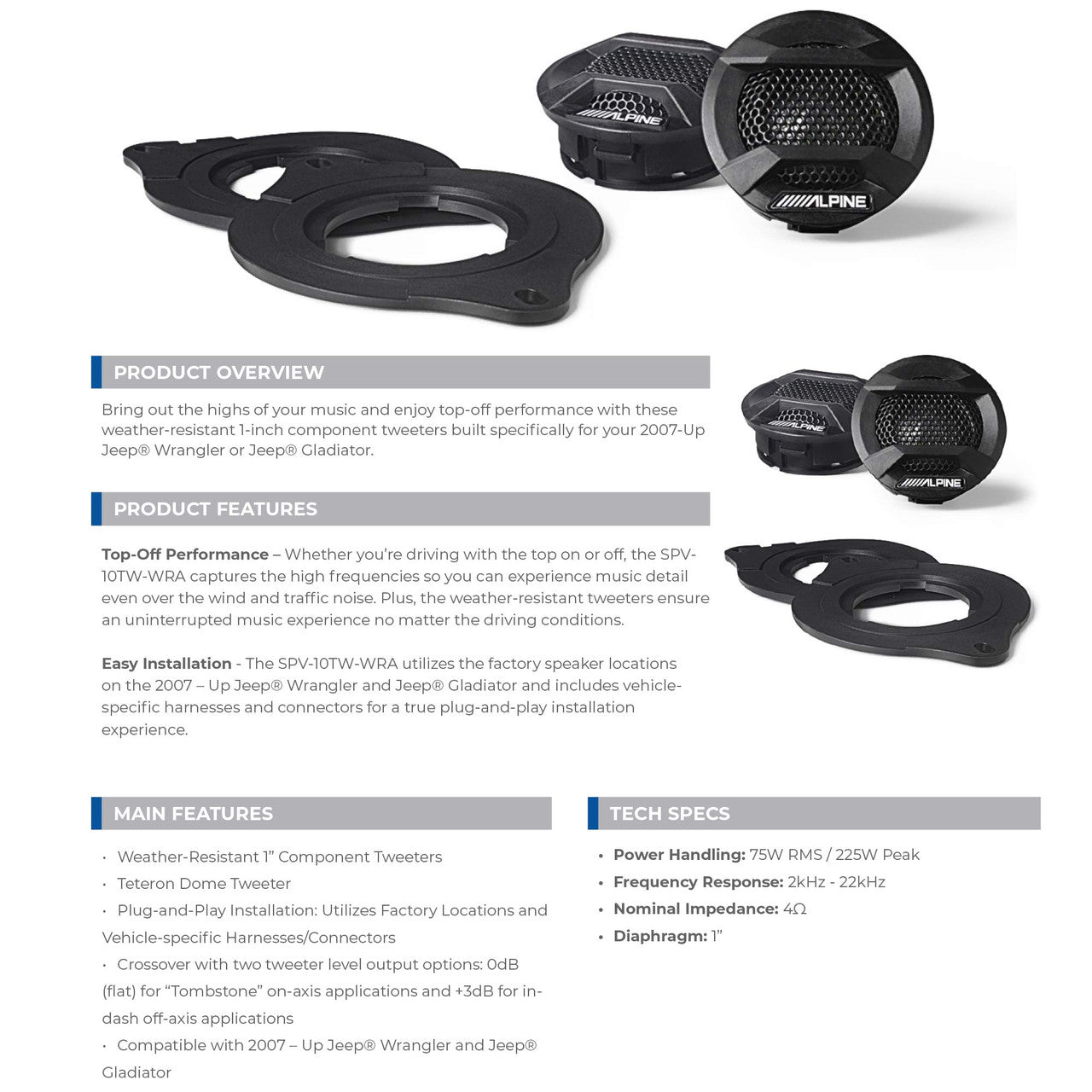 I509-WRA-JL 9-inch Weather-Resistant Digital Media Receiver with Hi-Res Audio w/ SPV-10TW-WRA & SPV-65-JLT Bundle for 18 - Up Wrangler