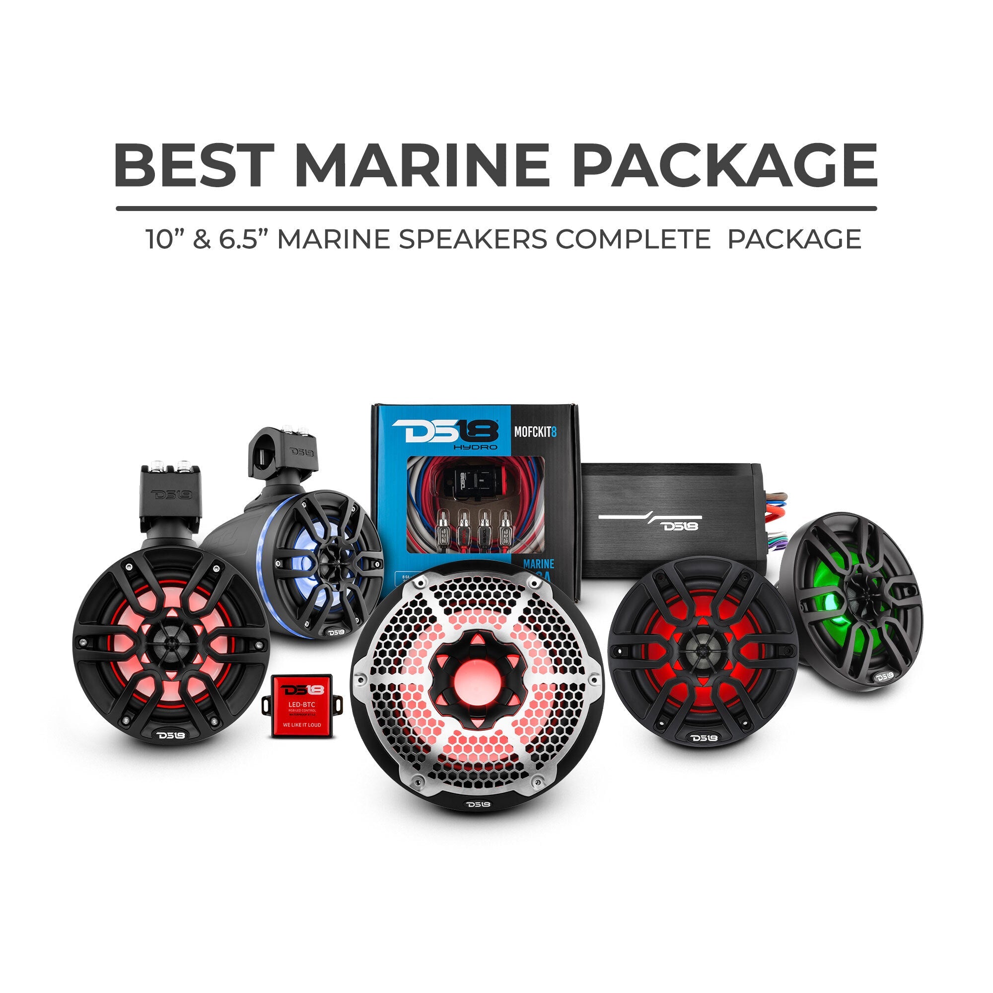 DS18 Best Marine Stereo Subwoofer Package 1 x 10” Subwoofer | 2 x 6.5” Speaker Tower | 2 x 6.5” Marine Speaker | 1 x 5 Ch Amplifier | 1 x MOFCKIT4 and 1 x LED-BTC