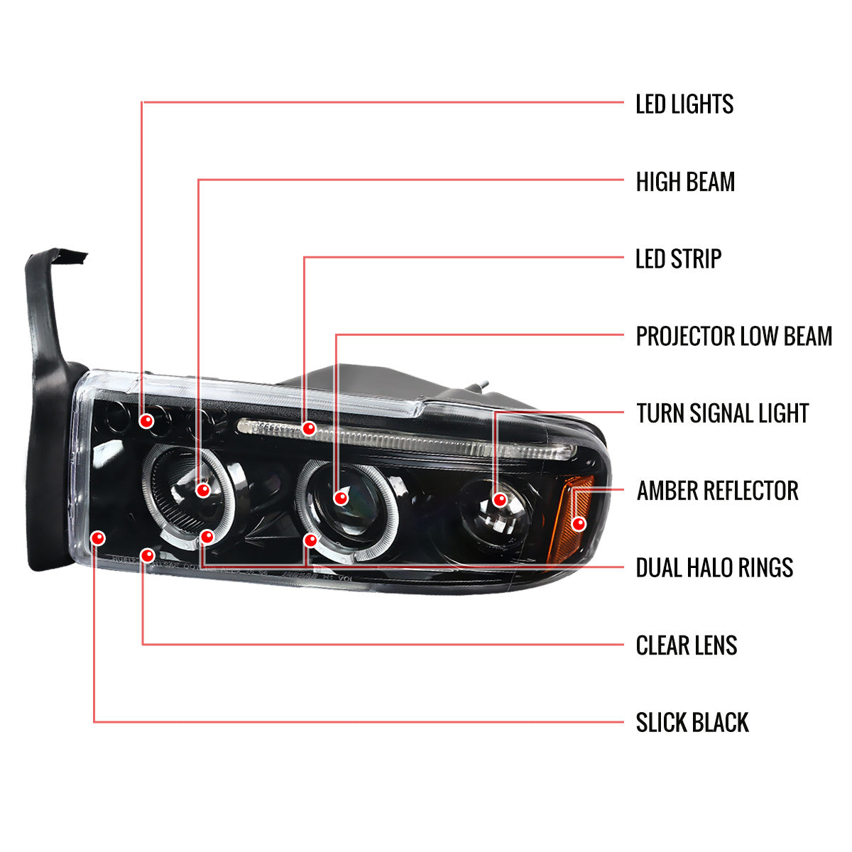 Spec-D 94-01 Dodge Ram 1500 2500 3500 Headlights Dual Halo Jet Black