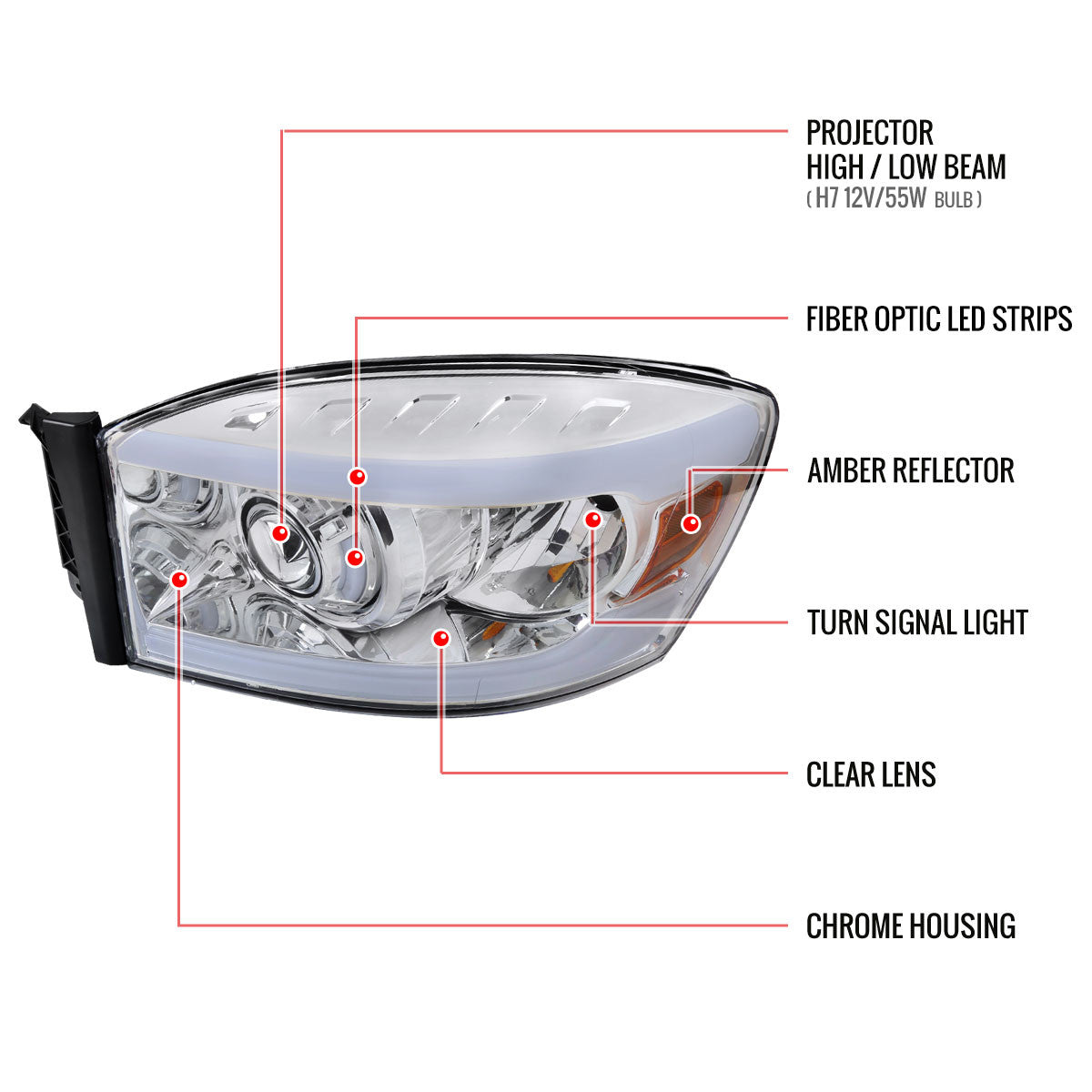 Spec-D 06-08 Dodge Ram LED Bar Projector Headlights Chrome