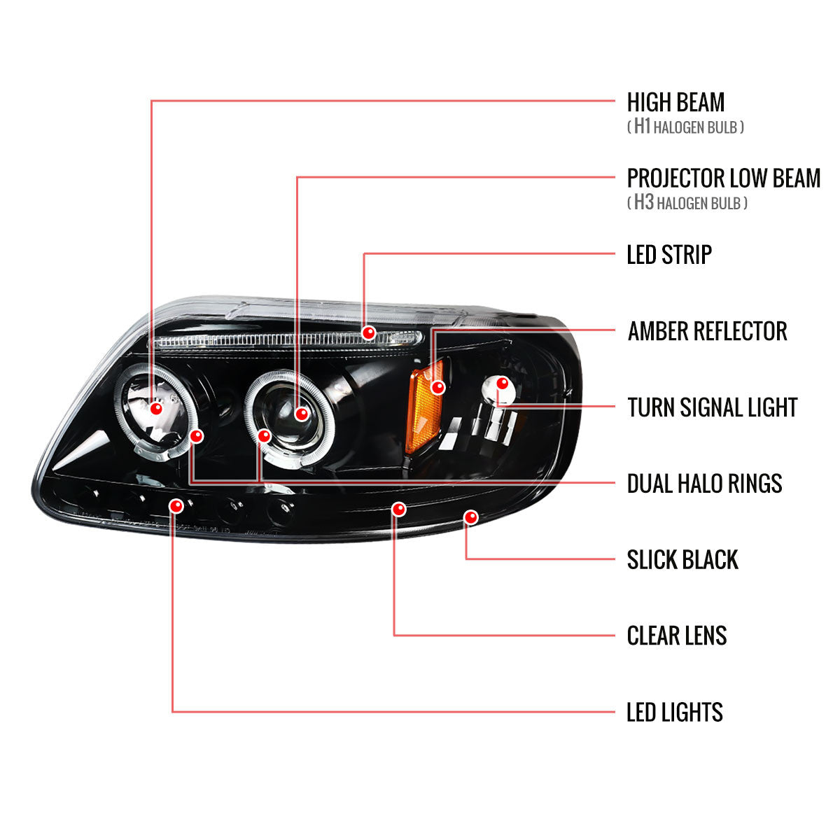 Spec-D 97-03 Ford F150 Projector Headlights LED Black