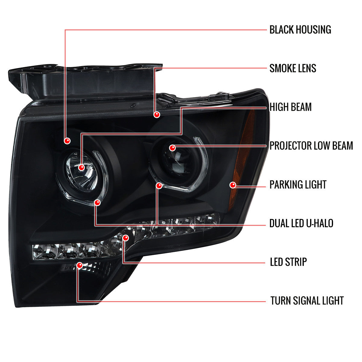 Spec-D 09-14 Ford F150 U-Ring Projector LED Strip Black Smoked