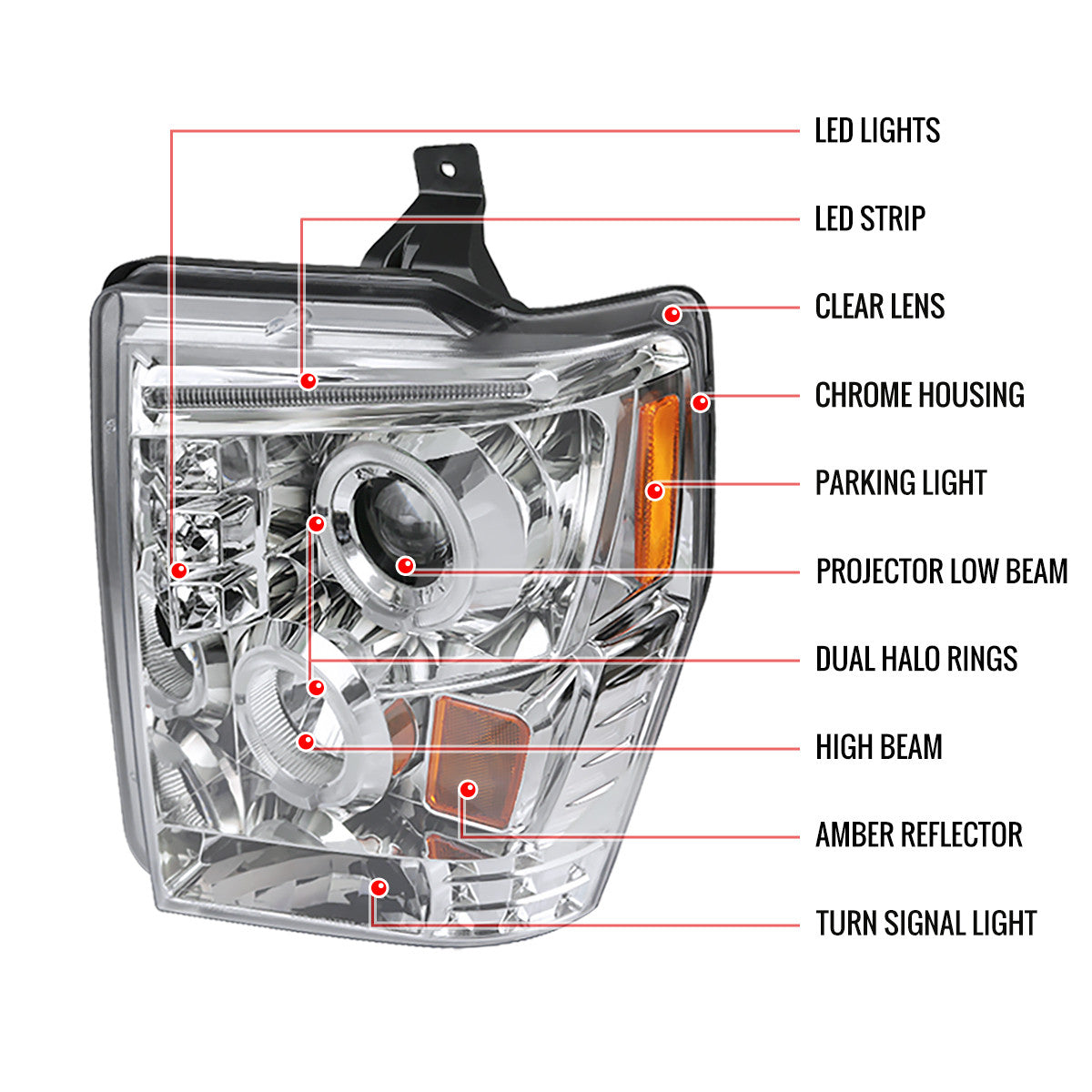 Spec-D 08-10 Ford F250 Halo LED Projector Headlights Chrome