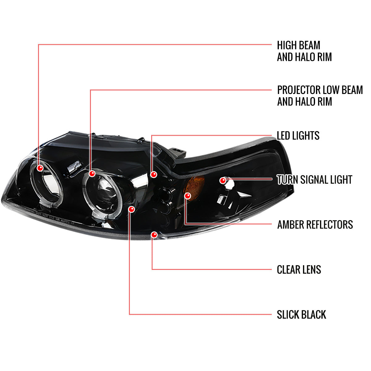 Spec-D 99-04 Ford Mustang Dual Halo LED Projector Headlights