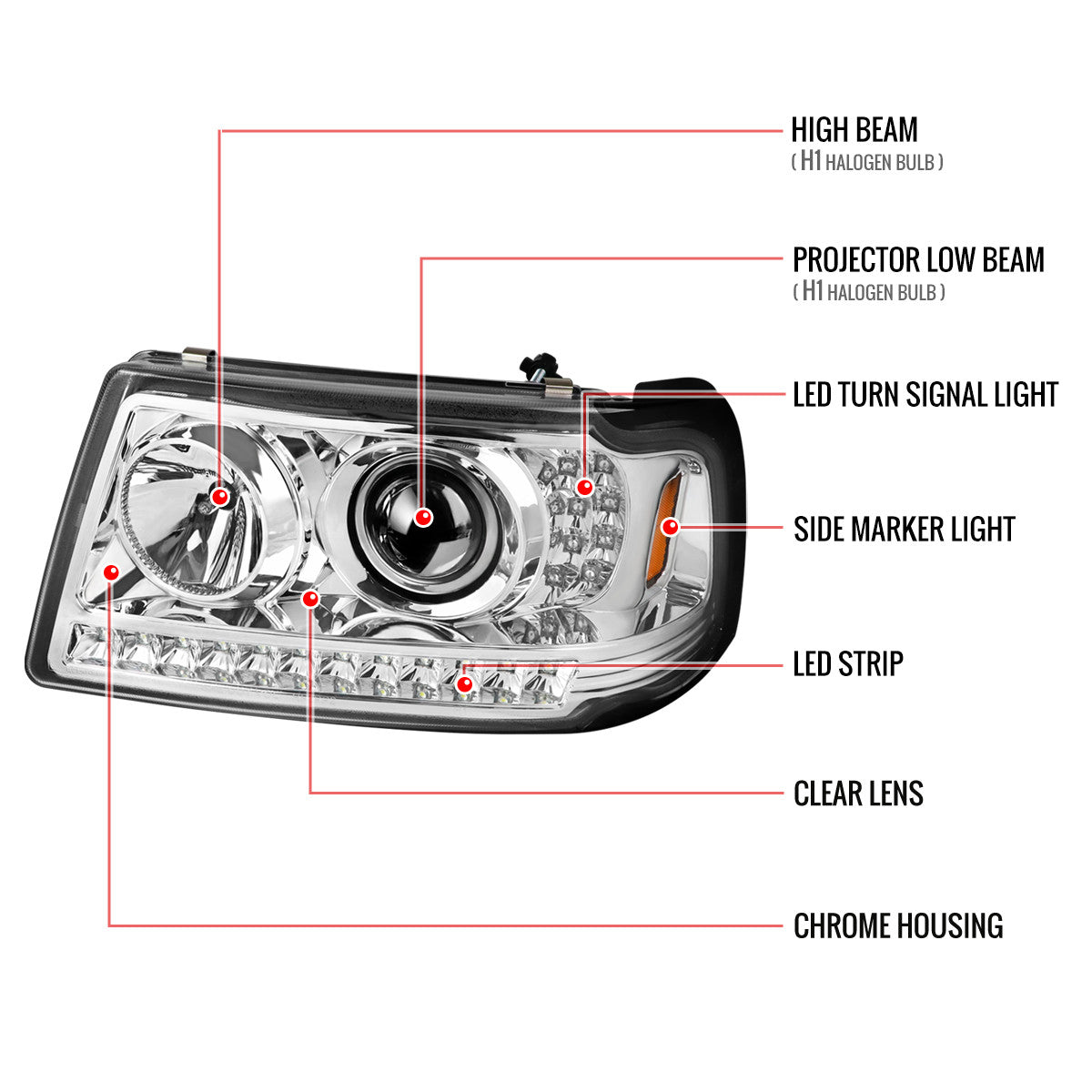 Spec-D 01-11 Ford Ranger Headlights LED Strip Projector Chrome