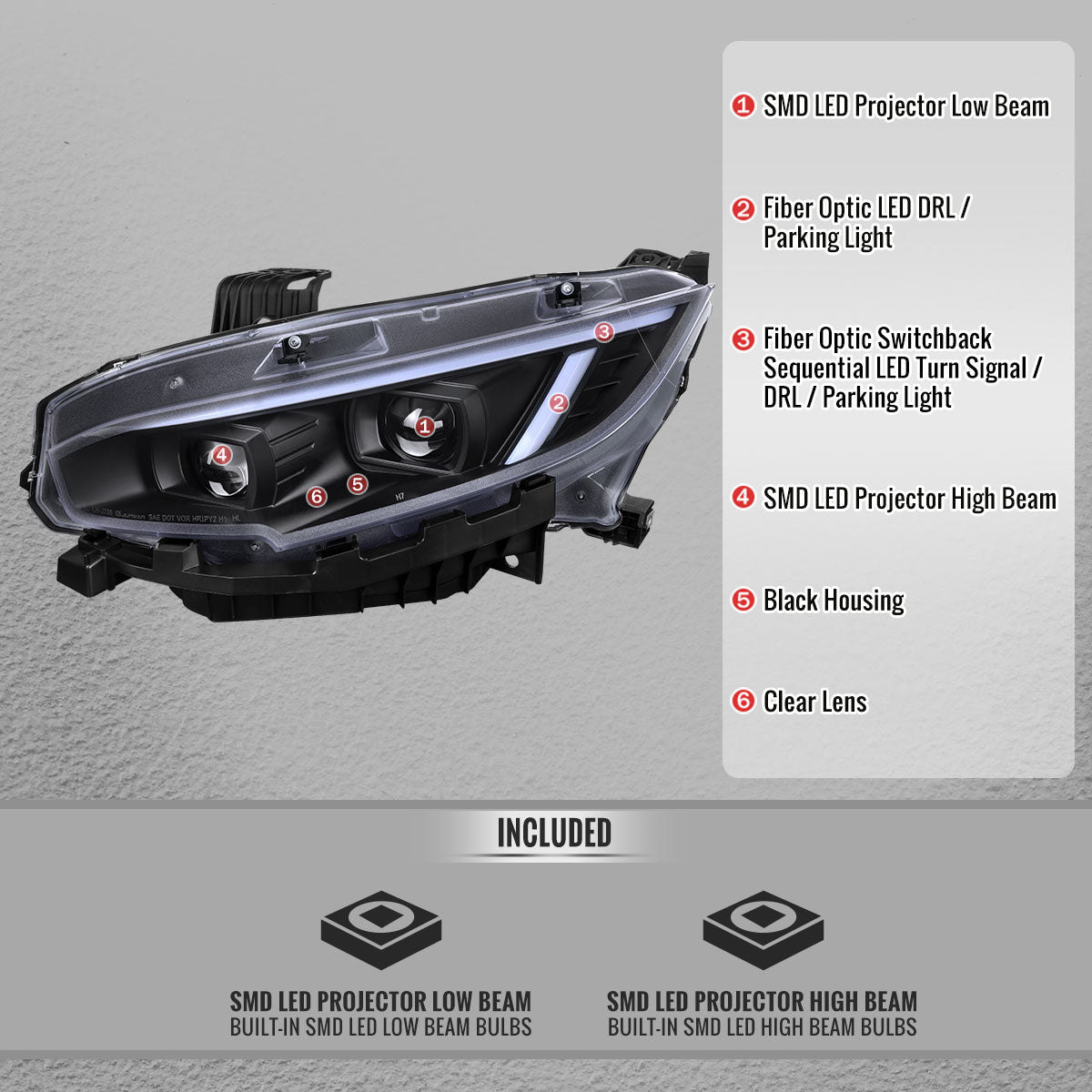 Spec-D 16-21 Honda Civic Led Projector Headlight Black