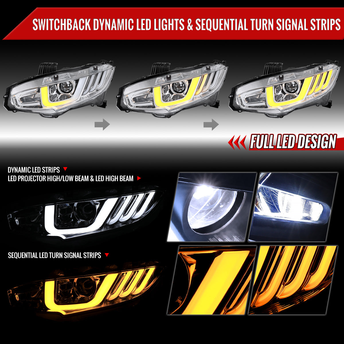 Spec-D 16-21 Honda Civic Headlights Switchback Sequential LED Chrome