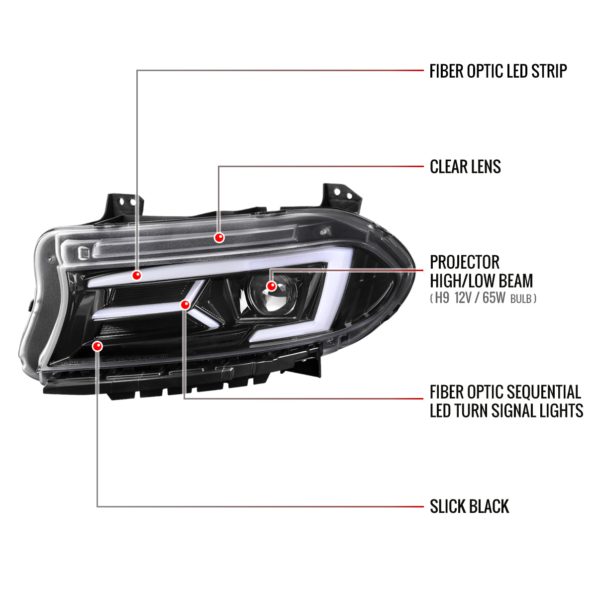 Spec-D 15-23 Dodge Charger Strip Projector Headlights SEQ Black