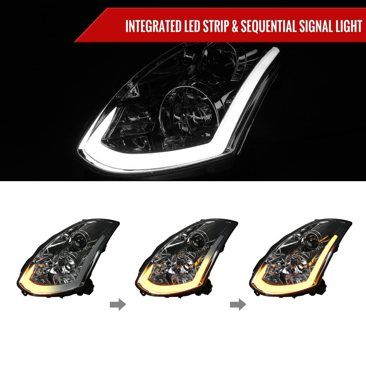 Spec-D 03-07 Infiniti G35 Coupe Headlights LED Bar Sequential Black