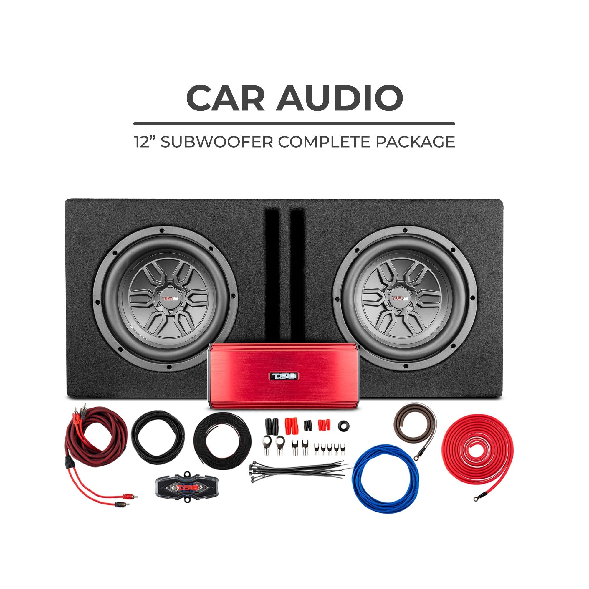 DS18 Bass Package 2 X SLC-MD12 In a Ported Box with S-1500.1/RD Amplifier and 4-GA Amp Kit 250 Watts Rms