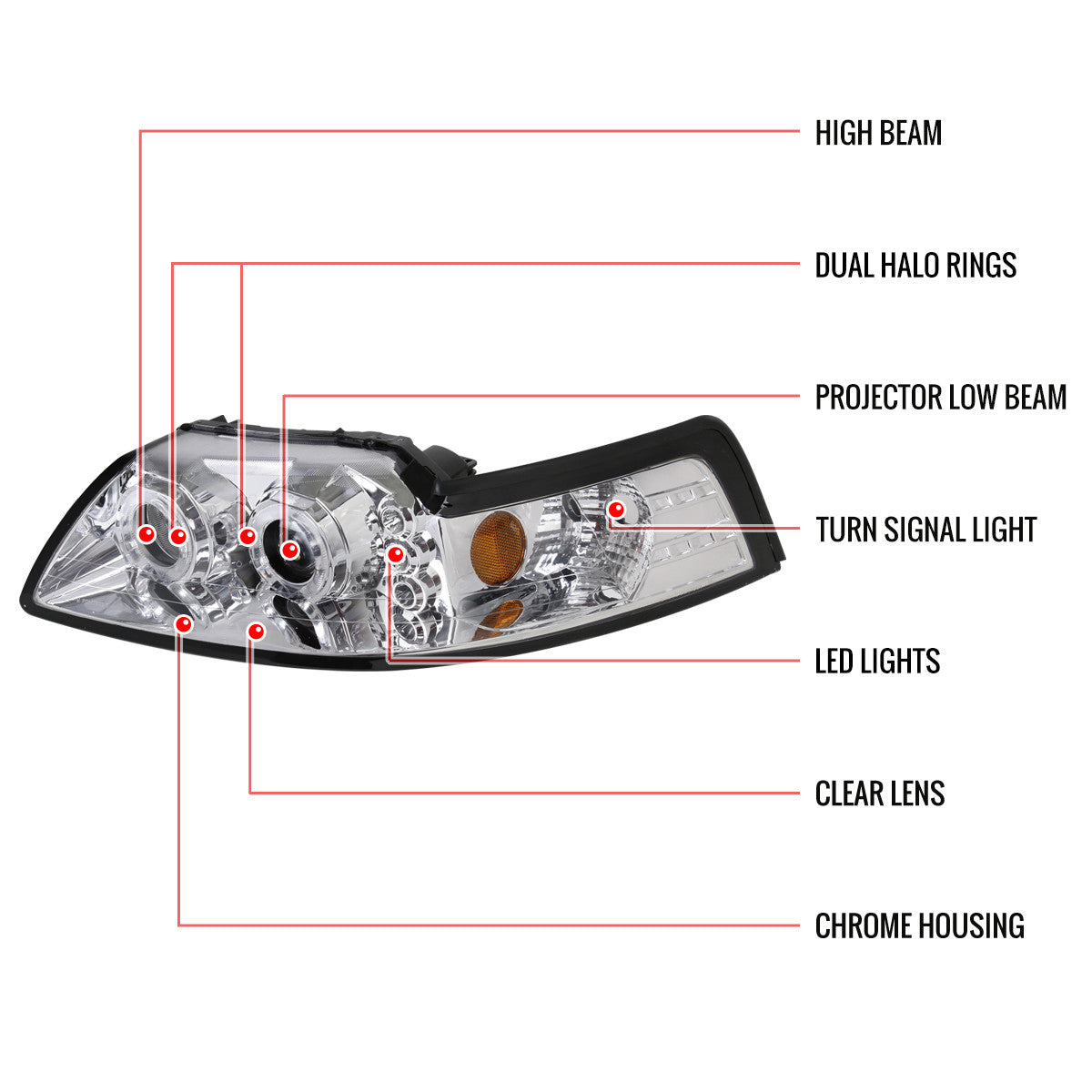 Spec-D 99-04 Mustang Dual Halo Projector Headlights Chrome