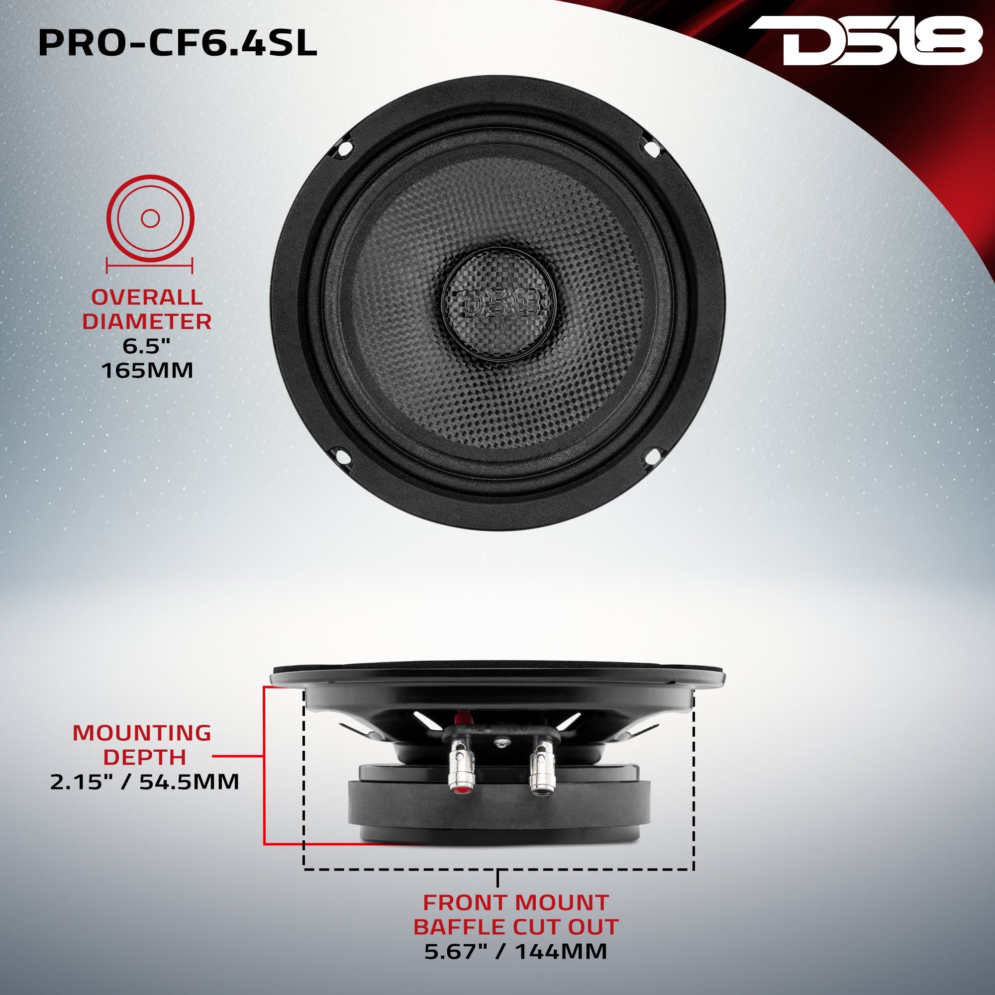 PRO 6.5” Shallow Mid-Bass Loudspeaker with Carbon Fiber Water-Resistant Cone | 250W RMS 4-Ohm