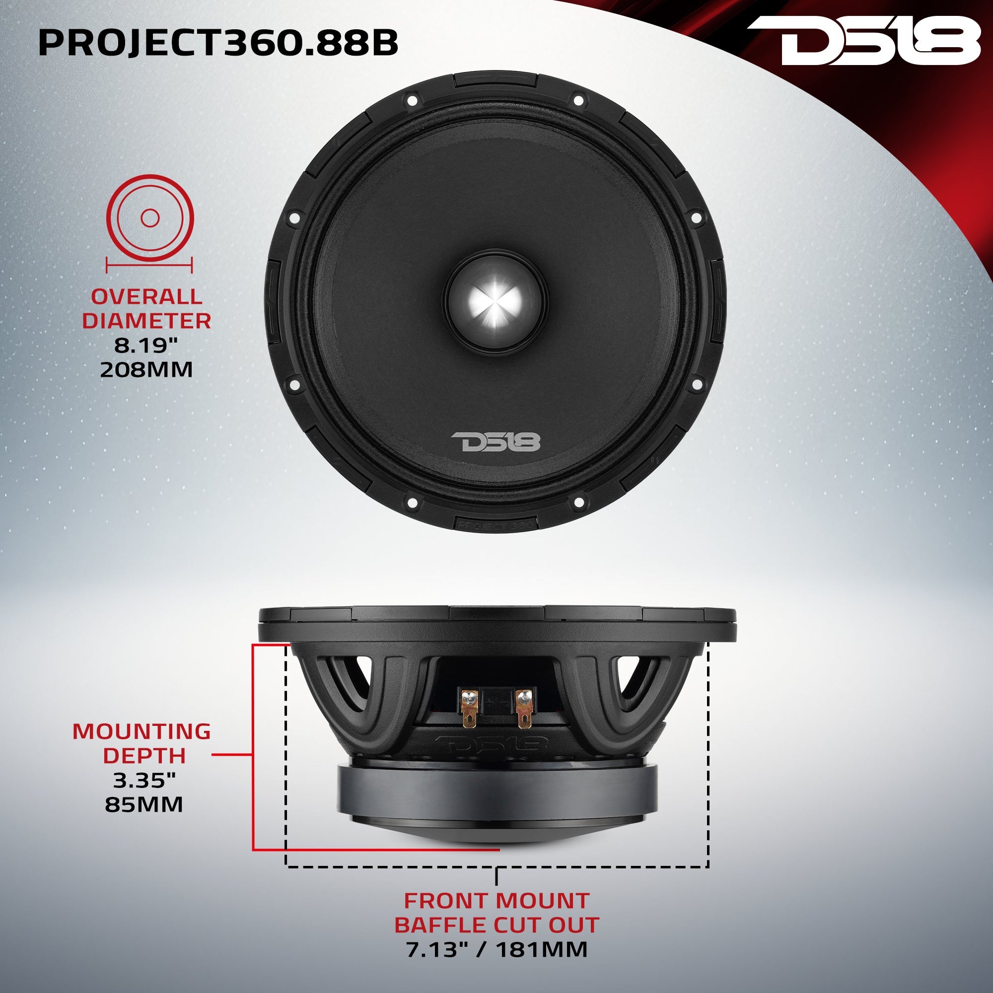 PROJECT360 8” High-Sensitivity Mid-High Loudspeaker with Bullet - 300W RMS 8-Ohm - Rotating Recone Design For Quick Repair